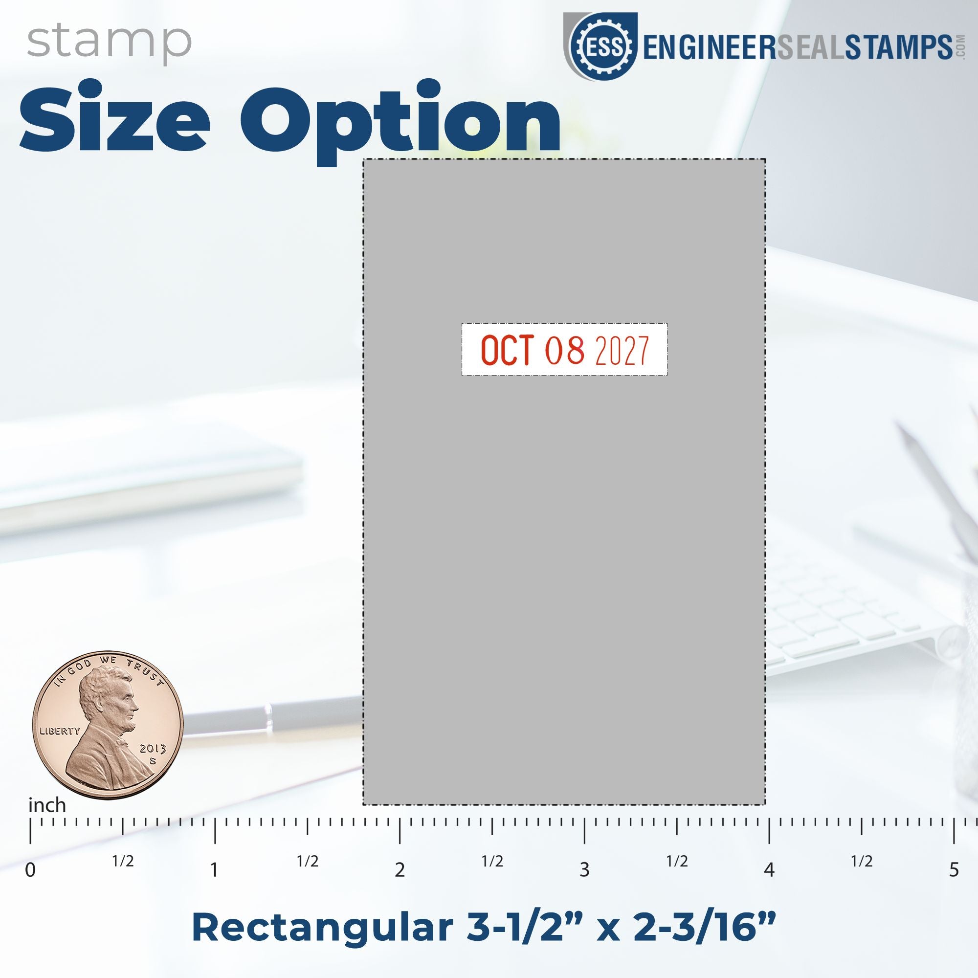 Gray rectangular self-inking date stamp size option with red Oct 08 2027 imprint, blue text, and inch ruler.