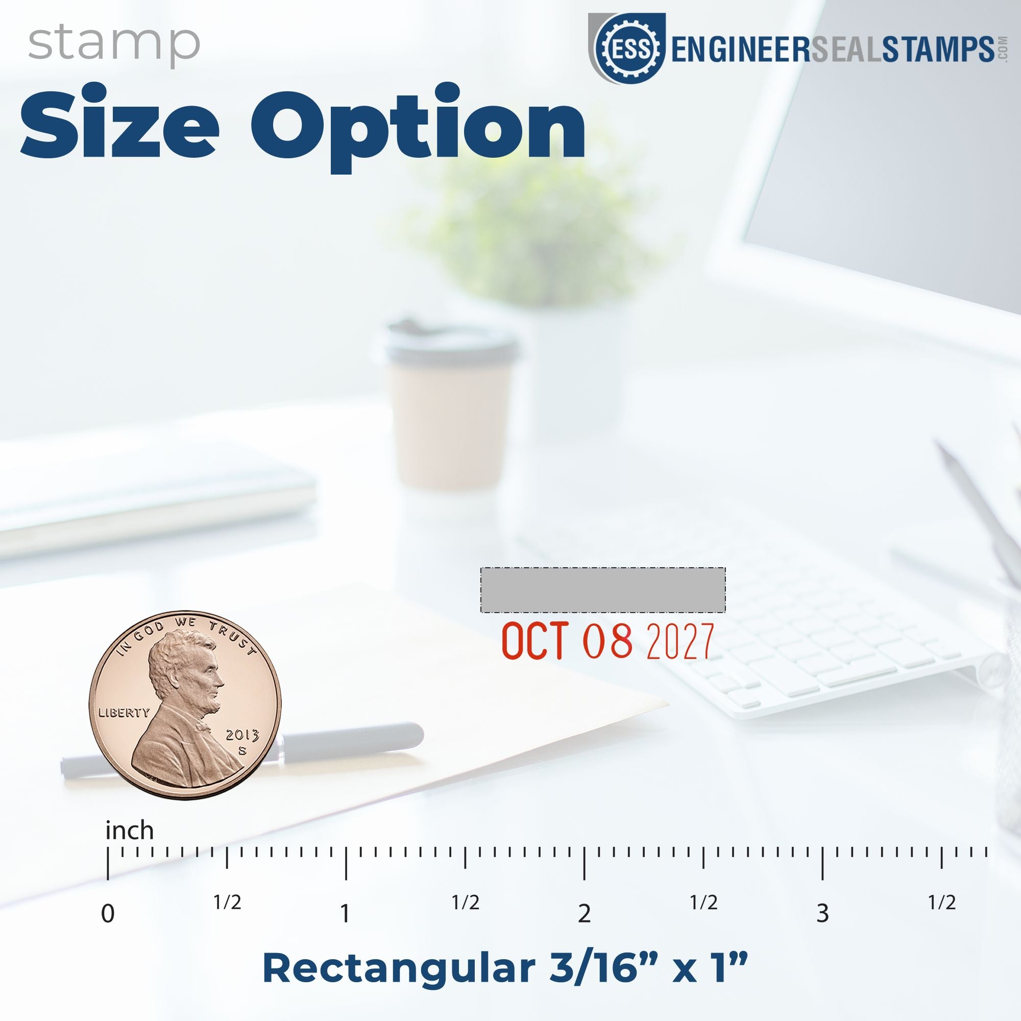 Blue stamp size option graphic with gray imprint box, orange date stamp, and coin scale, labeled Rectangular 3/16" x 1".