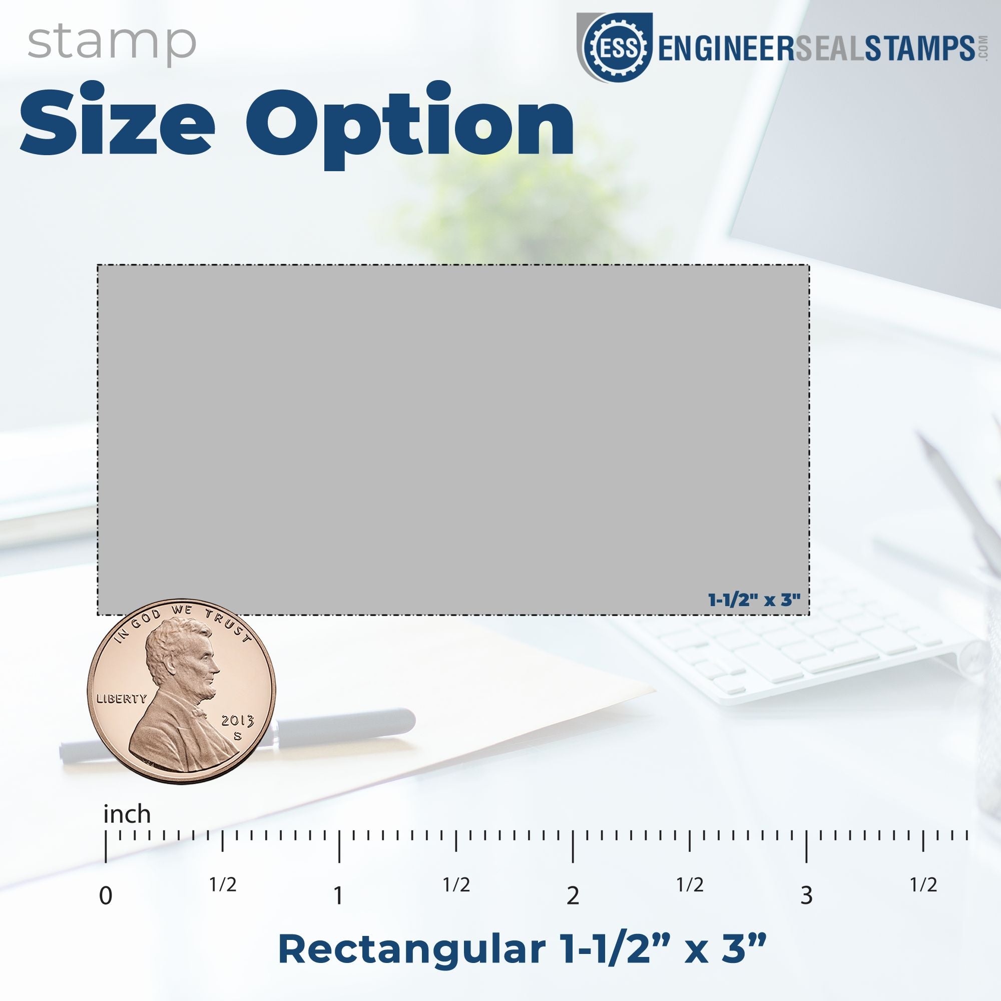 Rectangular blue custom stamp and seal size option, 1-1/2 x 3 inches, shown on gray template with ruler and penny.