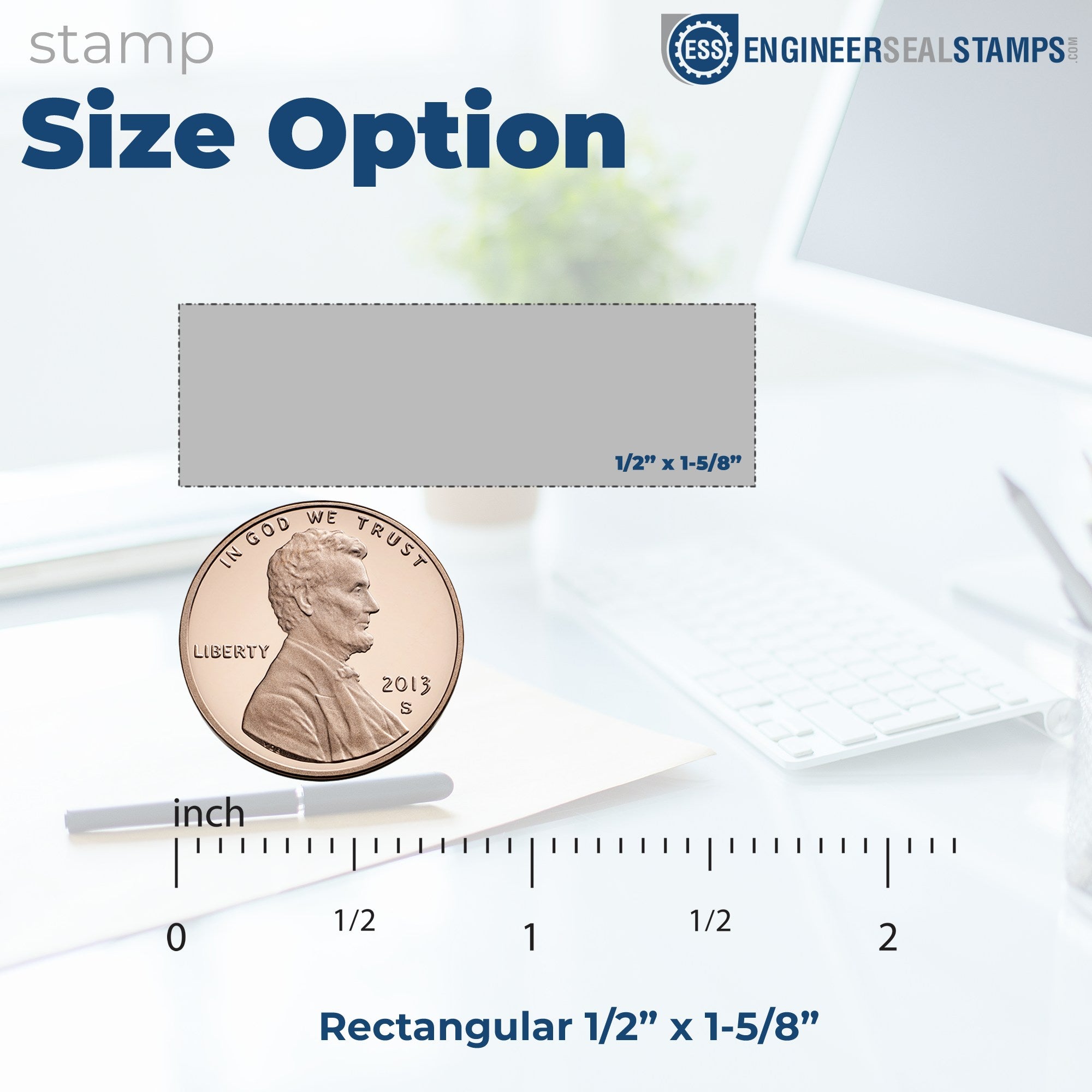 Rectangular blue stamp and seal size option, 1/2 x 1-5/8 inch, shown with coin for scale and Engineer Seal Stamps logo.