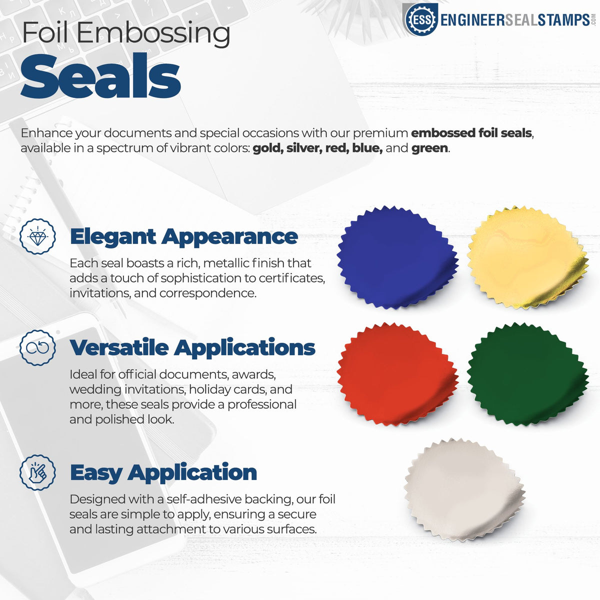 Embossed foil stamp seals in blue, gold, red, green, silver, and white for certificates and invitations.