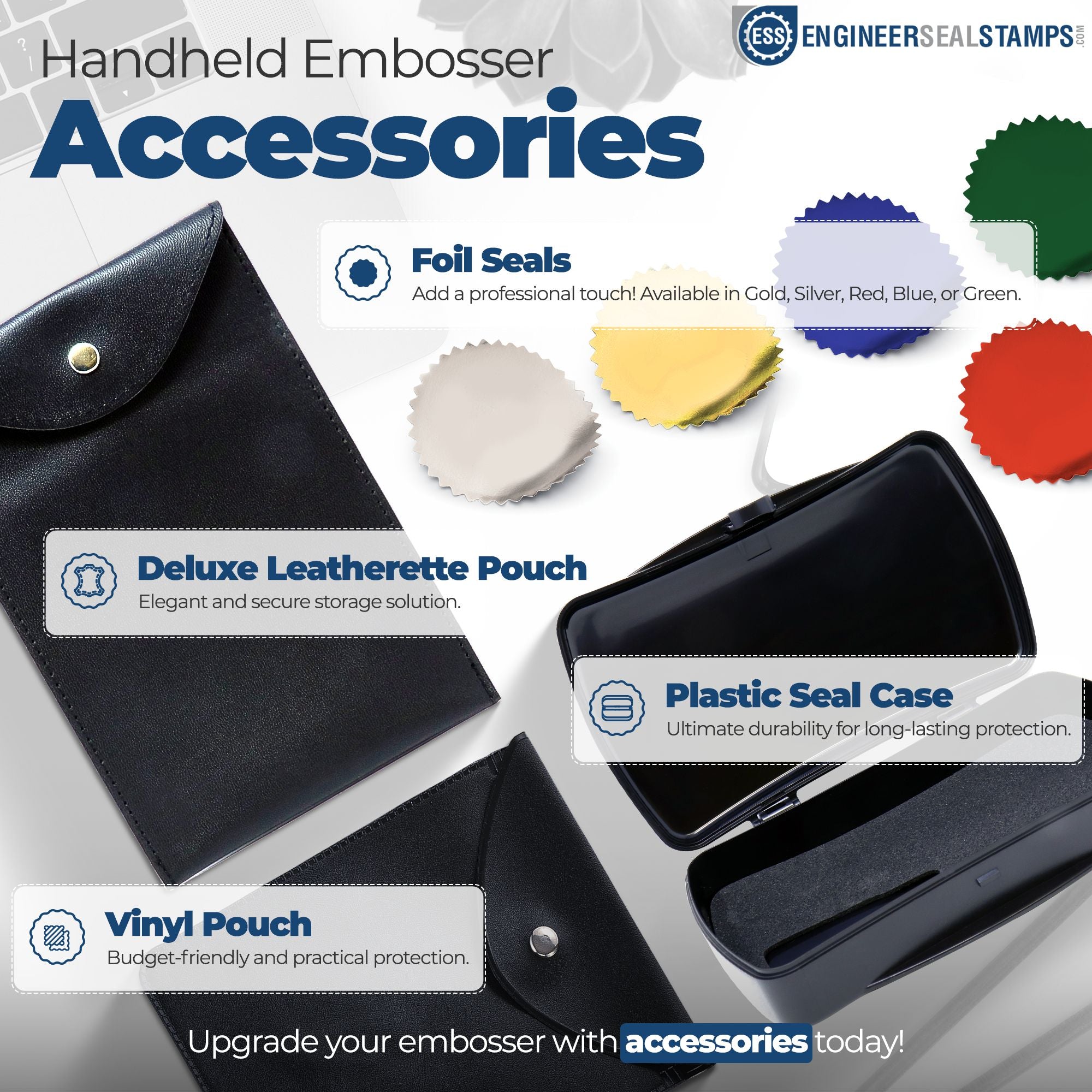 Handheld embosser accessories image featuring a Deluxe Leatherette Pouch, Plastic Seal Case, and Vinyl Pouch. Keywords: SizzleSniff Cartoon Animal Handheld Personalized Book Design Embosser, Customized Address Stamp. Accessories enhance embosser functionality.