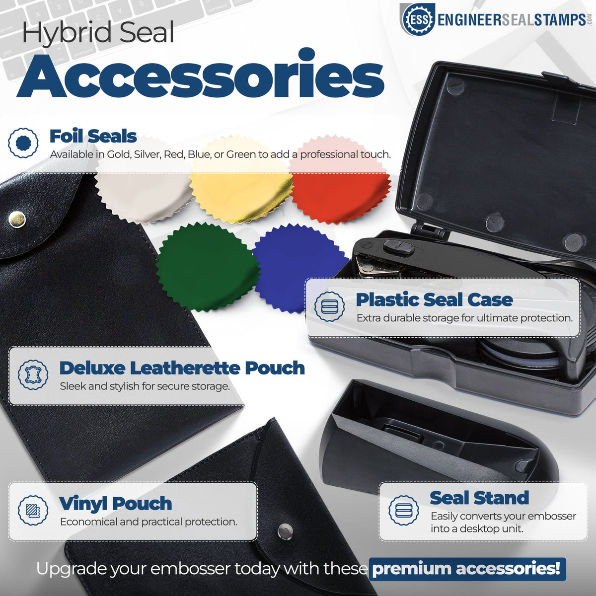 Hybrid seal stamp accessories with gold, silver, red, green, and blue foil seals, plus black plastic case and leatherette pouch.