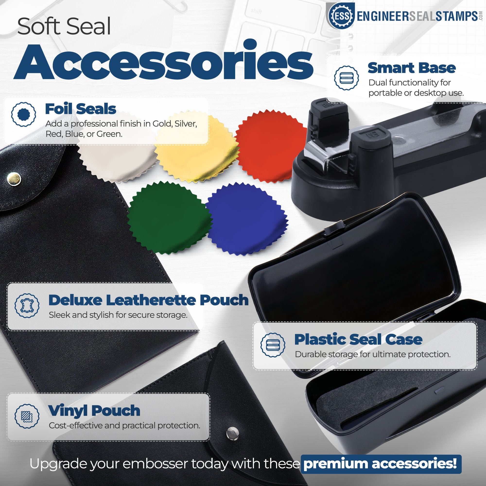 Soft seal stamp accessories with black embosser, gold, silver, red, green and blue foil seals, pouch and storage cases.