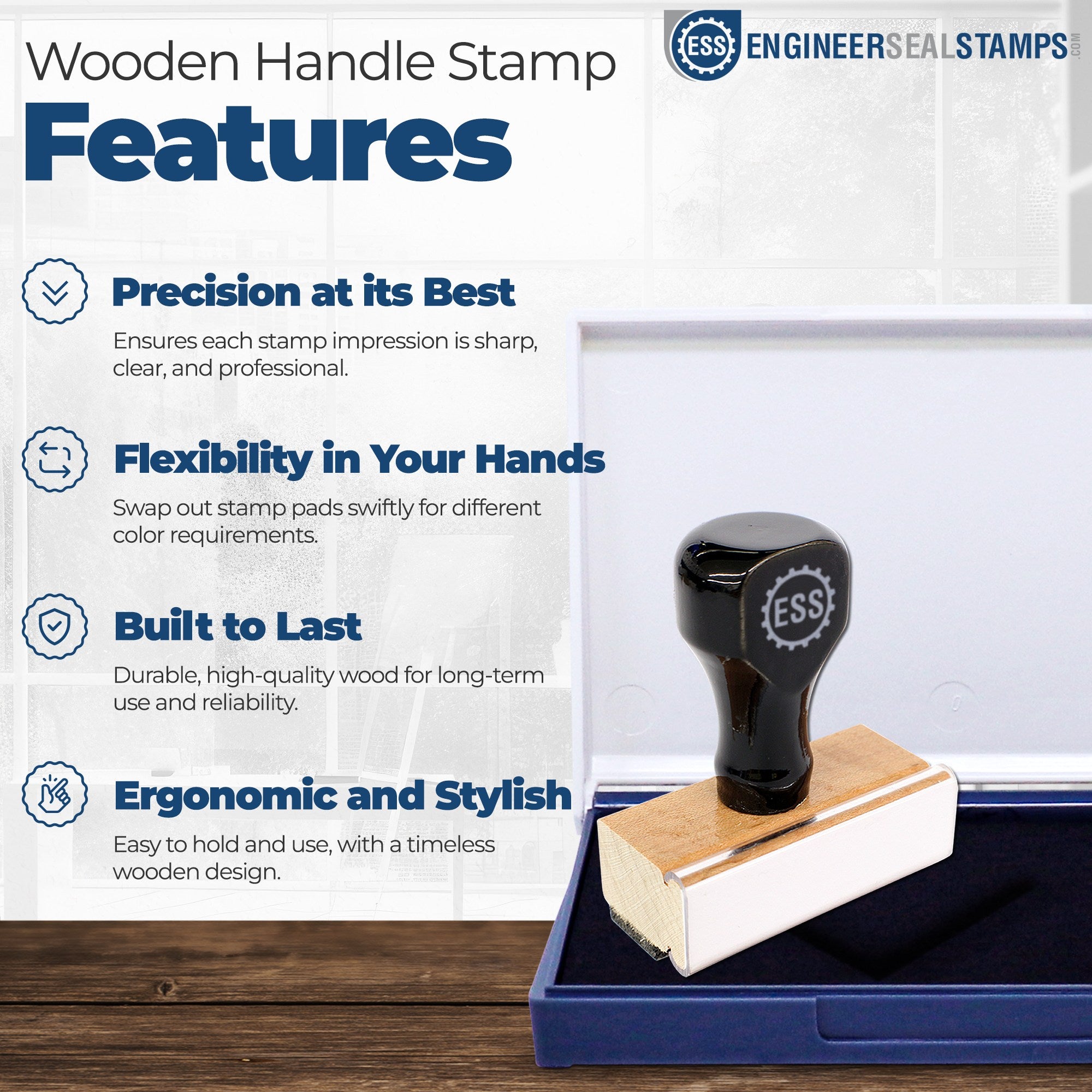 Wooden handle rubber stamp with black ESS seal, set in white display box with blue feature text.