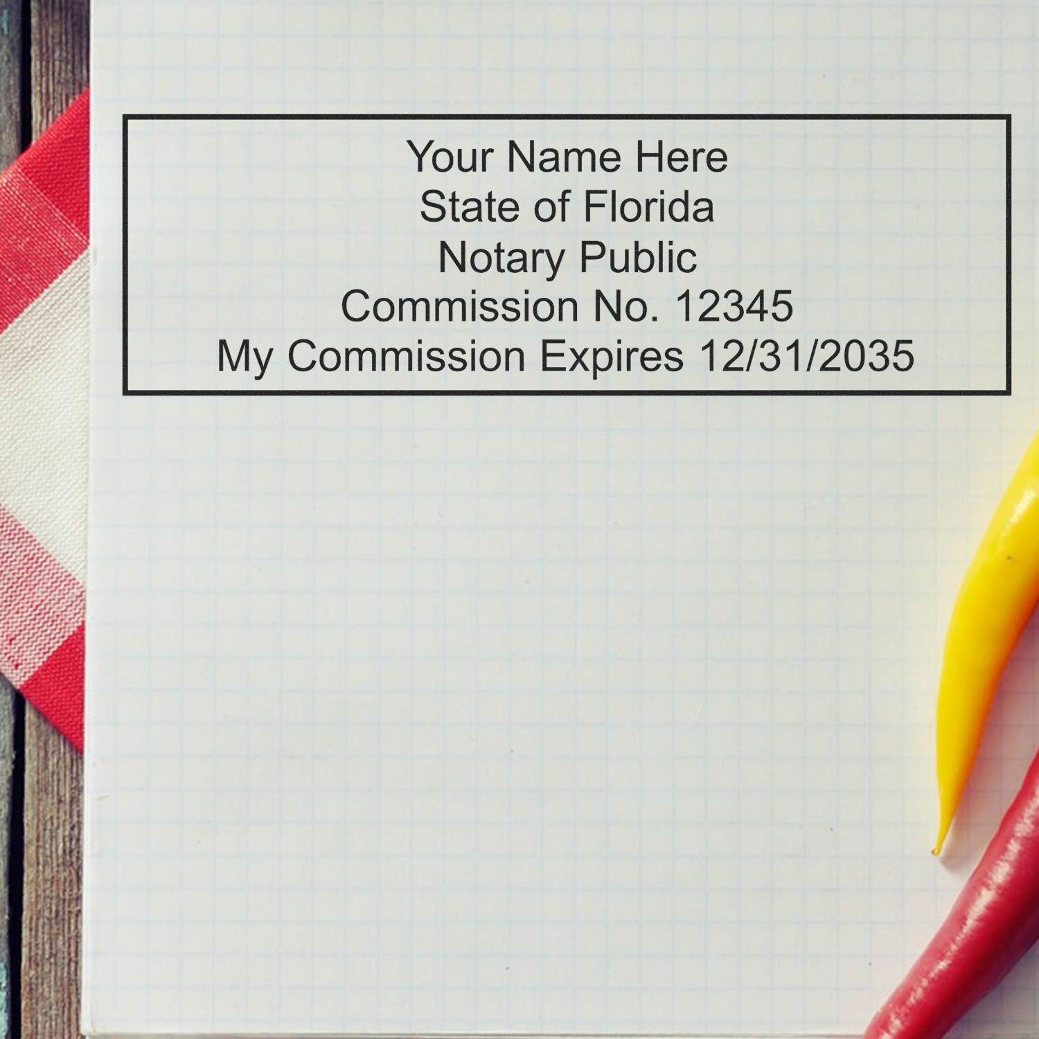 Black Florida notary stamp and seal layout on graph paper, with commission number and expiration date.