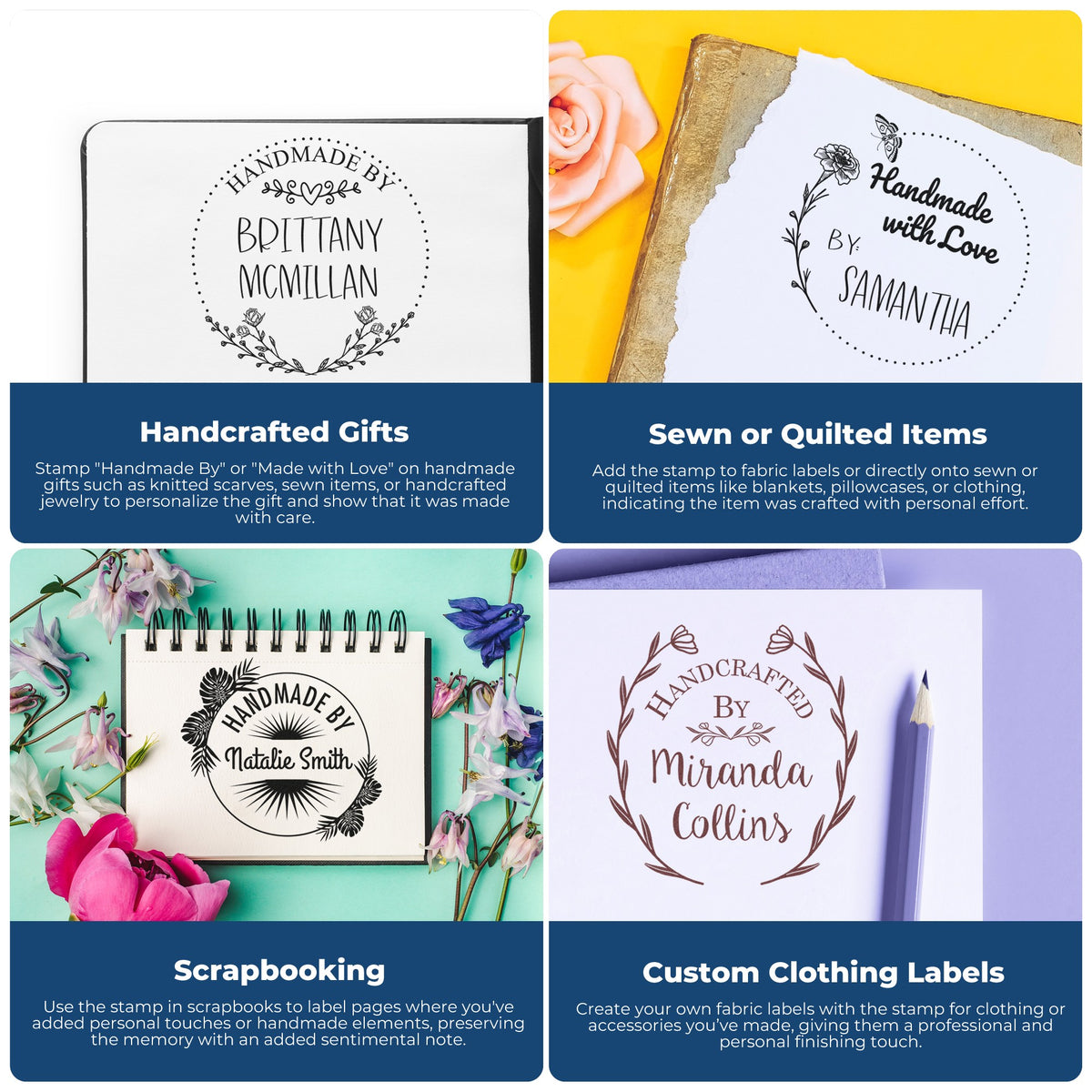 Collage of custom handmade stamp seals on paper, labels and notebook, with floral wreath designs on yellow, mint and lavender backgrounds.