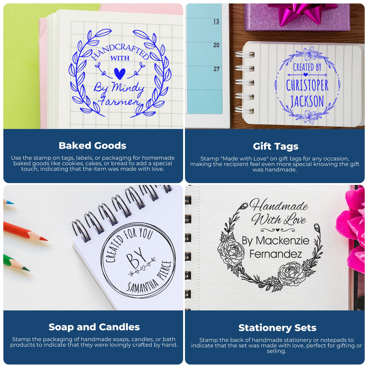 Collage of blue custom stamp and seal designs on notebooks and tags, with floral wreaths, hearts, and handmade branding.