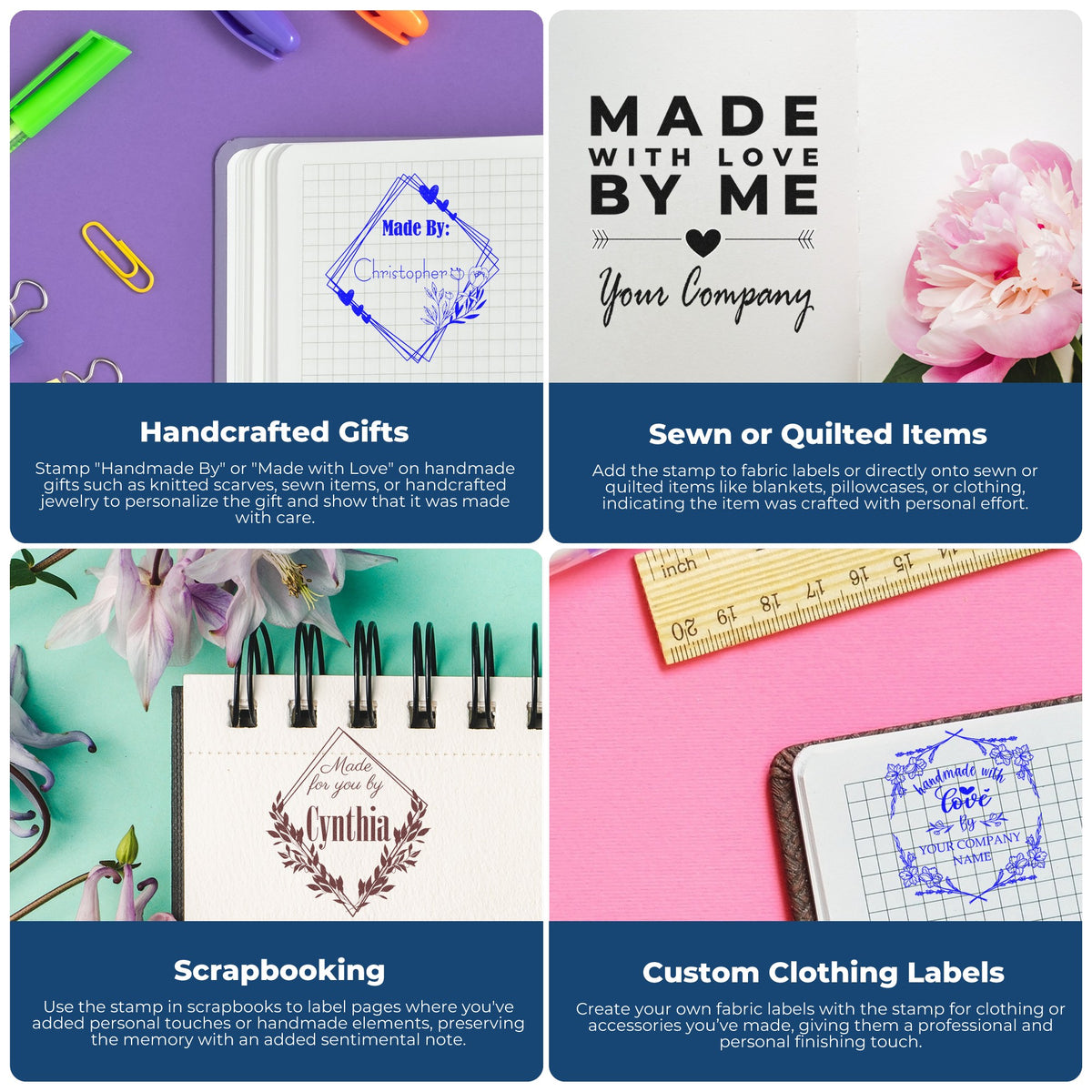 Custom stamp and seal product collage with purple, pink, and blue designs on notebooks, labels, and handmade gifts.