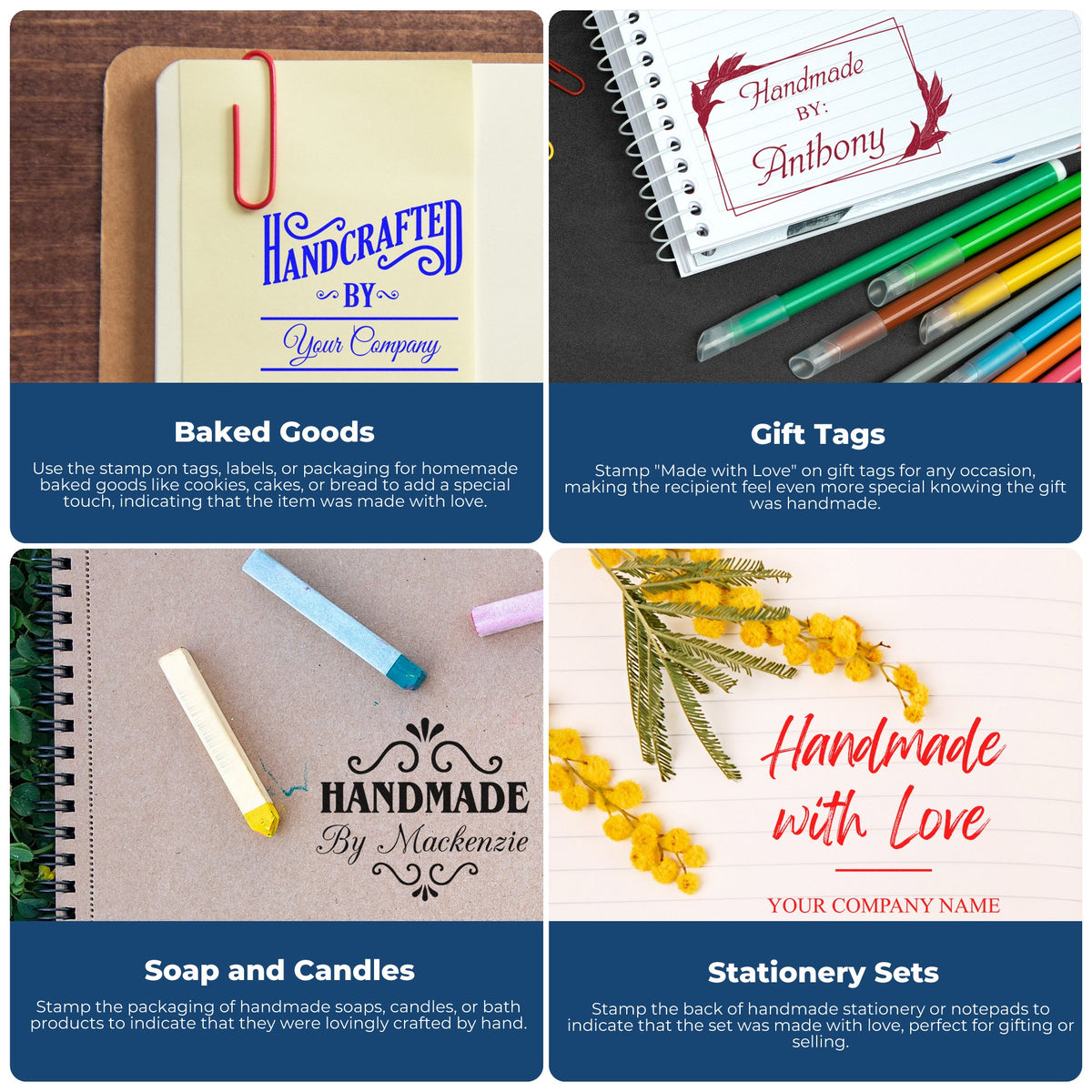Collage of handmade rubber stamp and seal designs in blue, red, and black on notebooks, tags, soap packaging, and stationery.