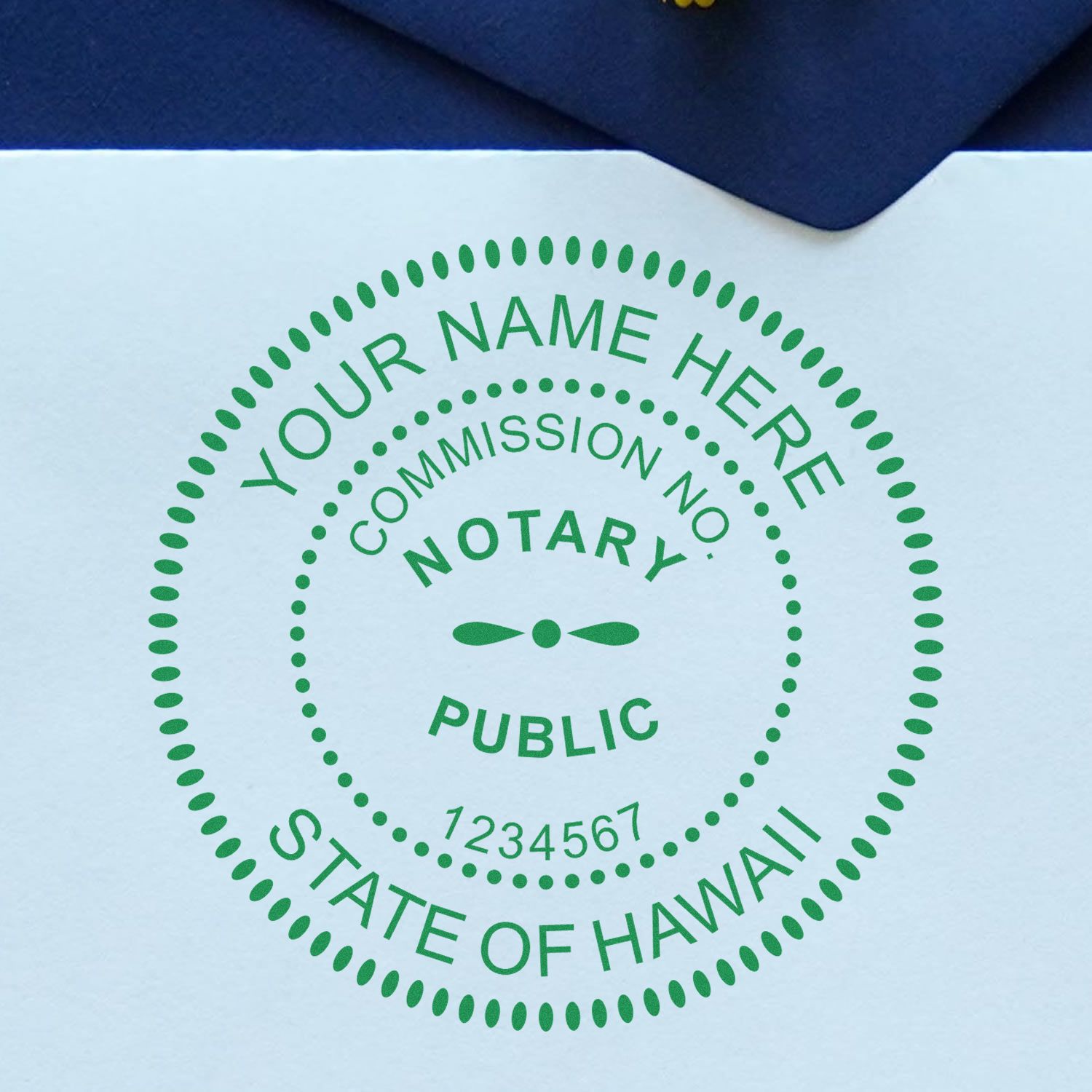 Green notary public stamp seal with dotted circle and placeholder text on light blue paper.