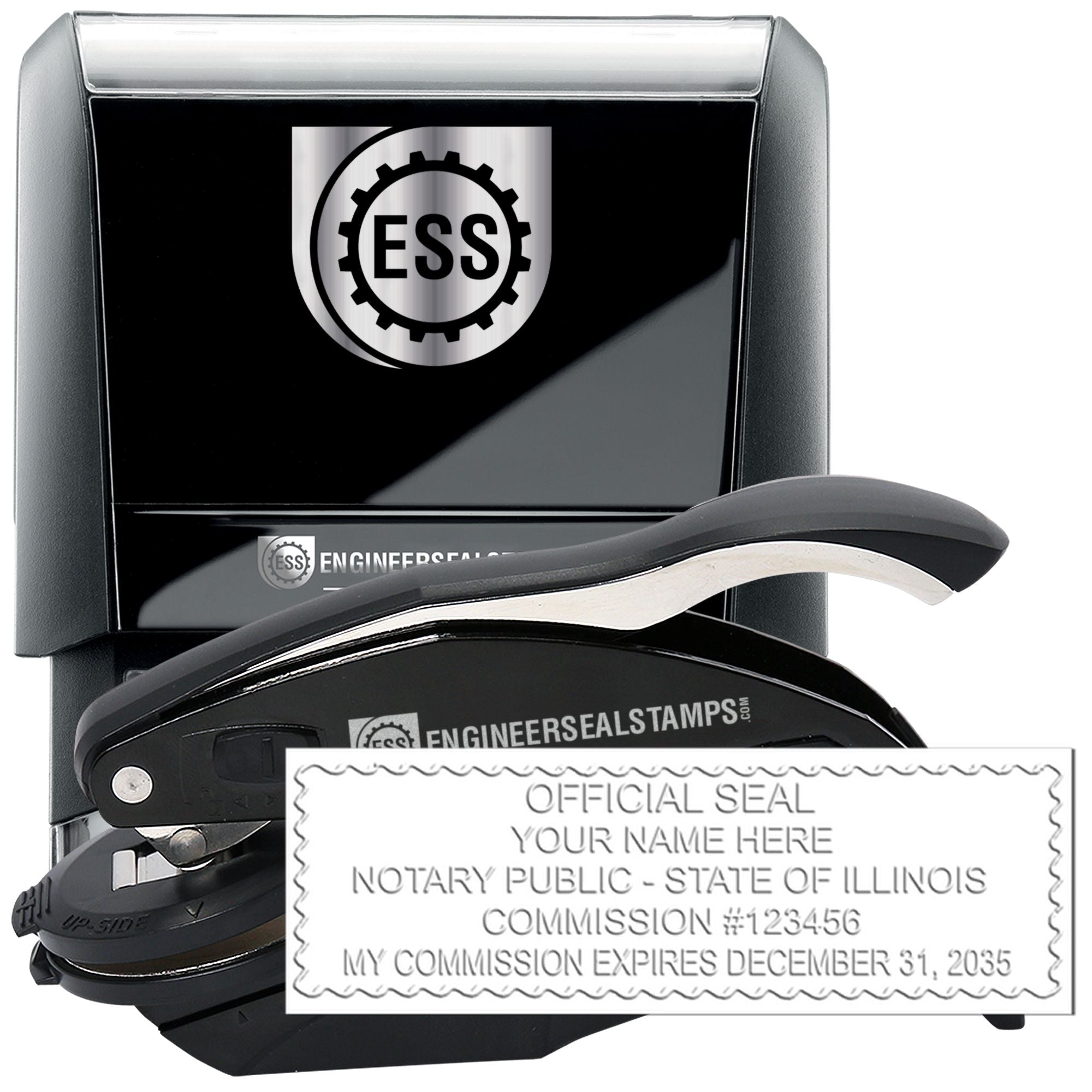 Rectangular Self Inking Illinois Notary Stamp and Hybrid Seal Embosser Kit - Engineer Seal Stamps