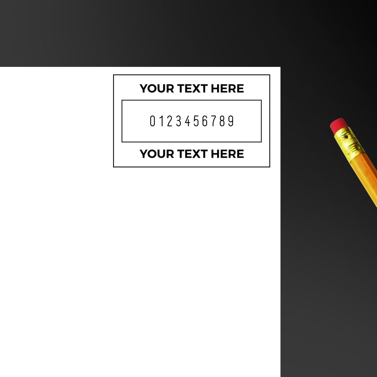Custom stamp and seal template on white paper with black border, numbered center, and yellow pencil on dark background.