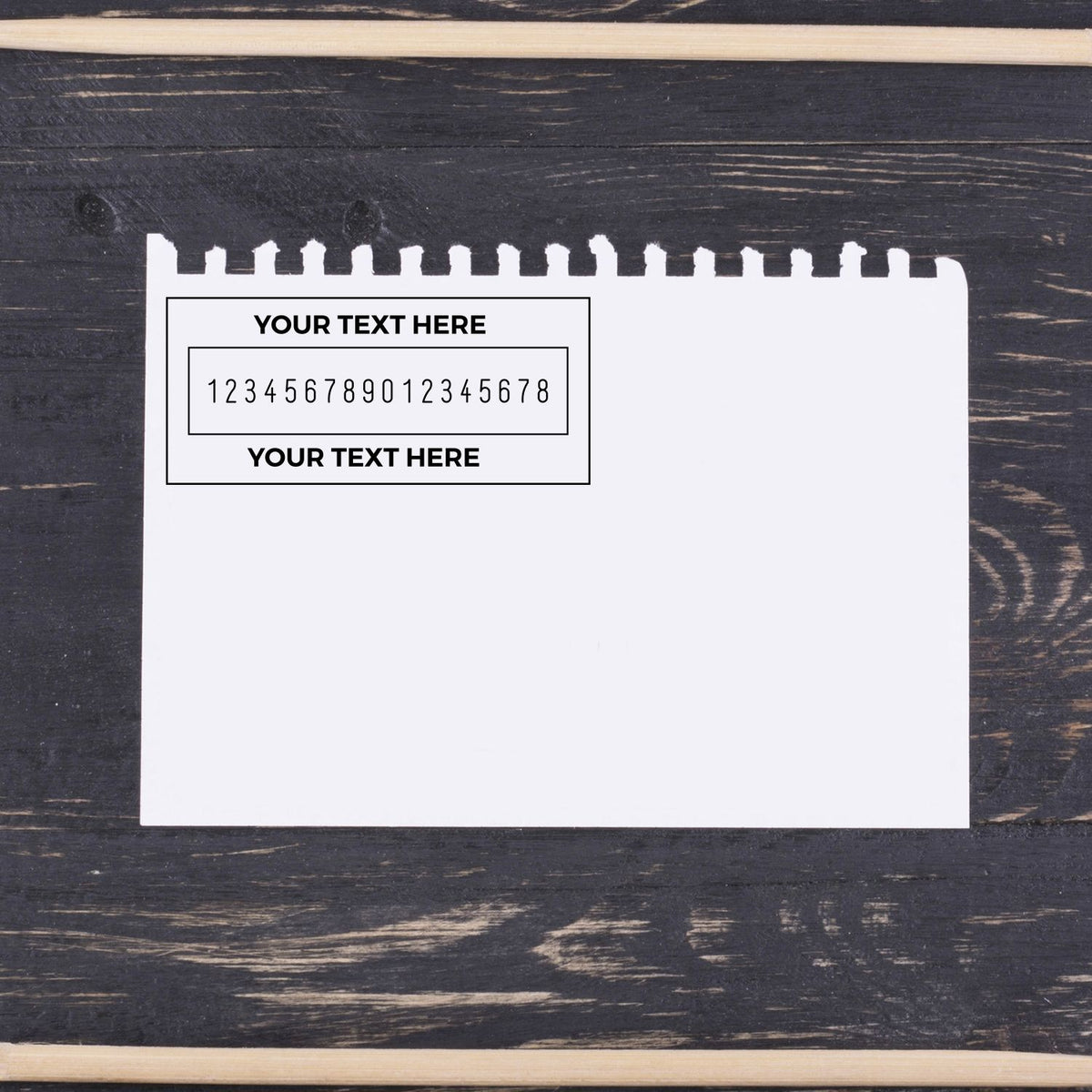 White customizable stamp and seal template with black text and numbers on a dark wood background.
