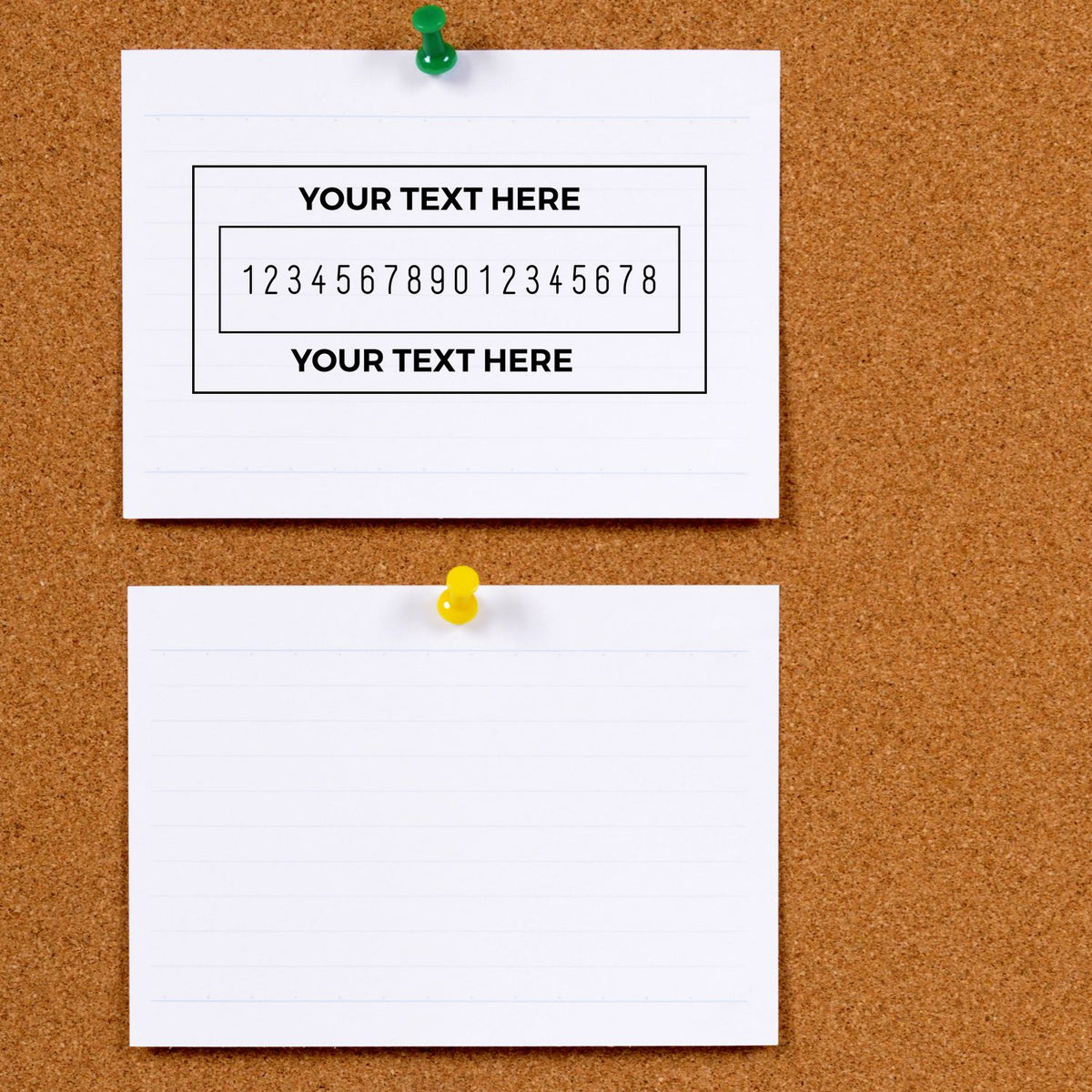 Custom stamp and seal template on white paper pinned to corkboard, with green and yellow pushpins and black text boxes.