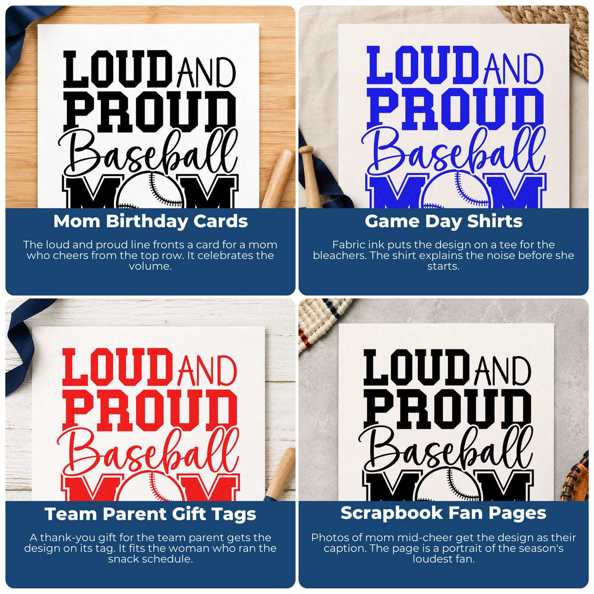 Four ways to use the Loud And Proud Baseball Mom Pre-Inked Stamp – Slim: mom birthday cards, game day shirts, team parent gift tags and scrapbook fan pages.