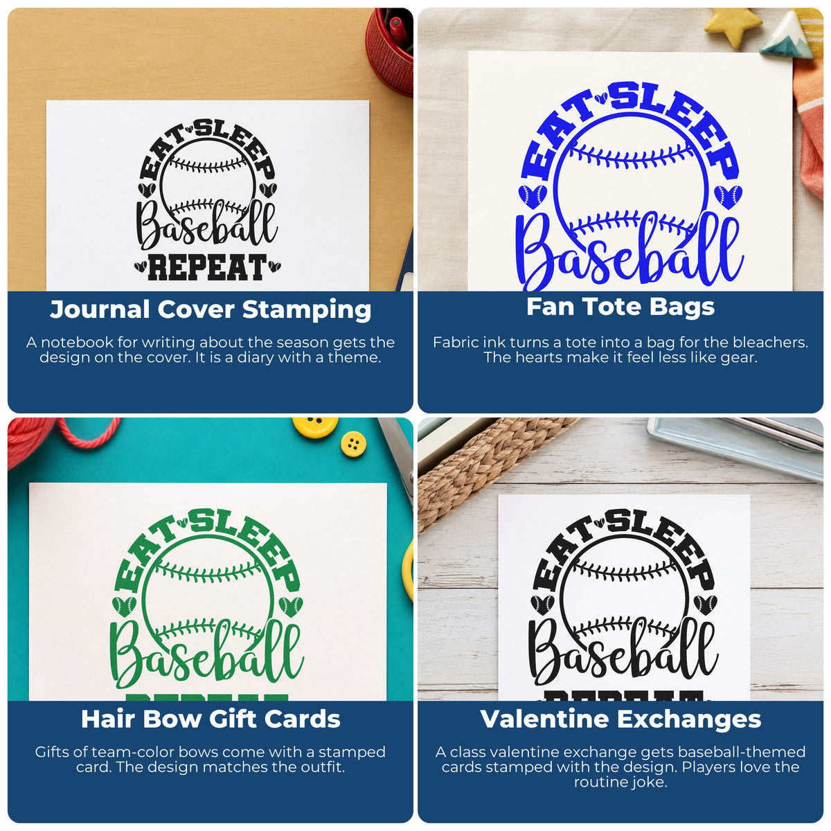 Four ways to use the Eat Sleep Baseball Repeat PSI Pre-Inked Stamp: journal cover stamping, fan tote bags, hair bow gift cards and valentine exchanges.