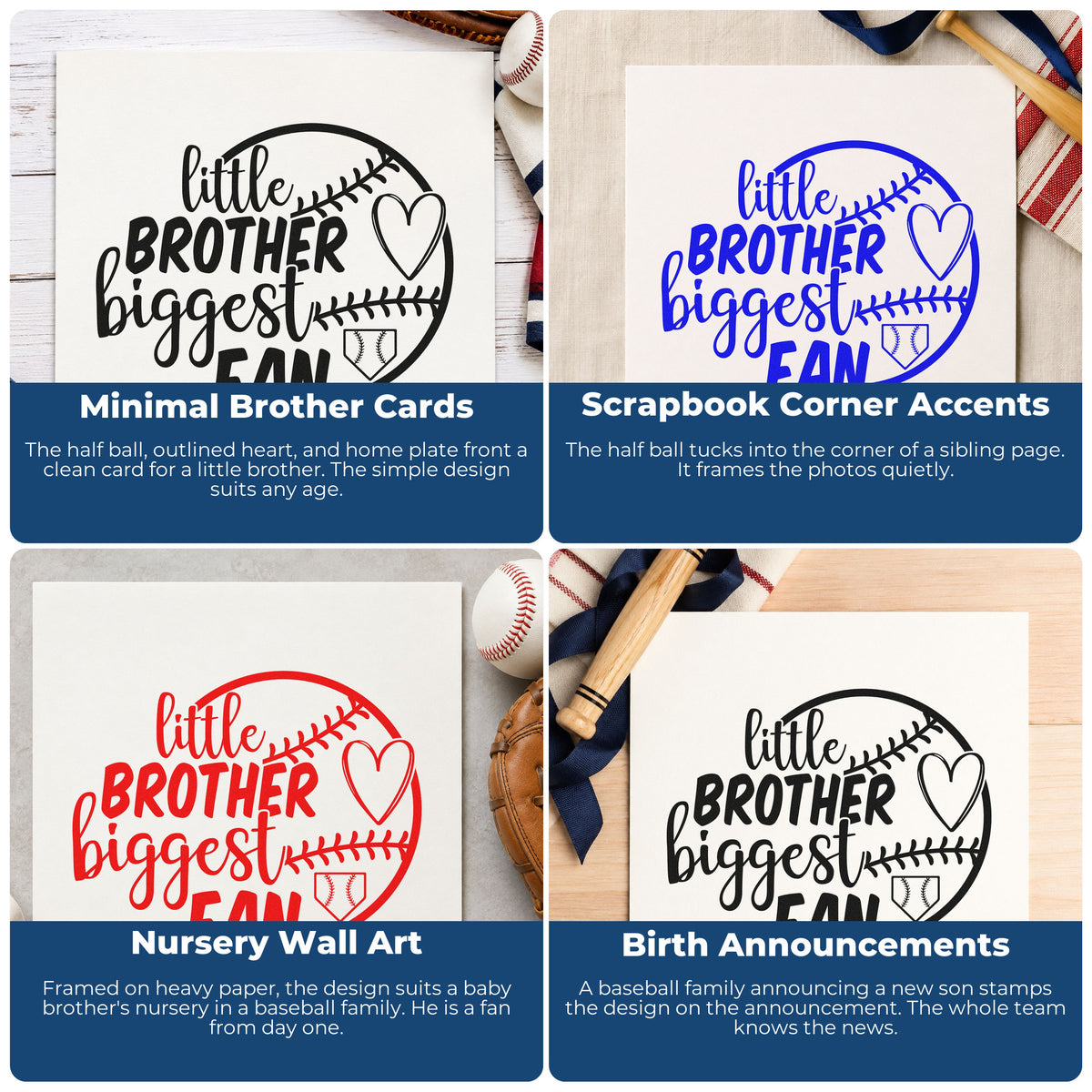 Four ways to use the Little Brother Half Ball Fan Premium Wooden Stamp - Vintage Pro: minimal brother cards, scrapbook corner accents, nursery wall art and birth announcements.