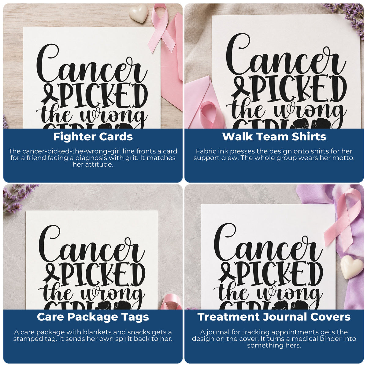 Four ways to use the Cancer Picked The Wrong Girl Awareness Ribbon PSI Pre-Inked Stamp: fighter cards, walk team shirts, care package tags and treatment journal covers.