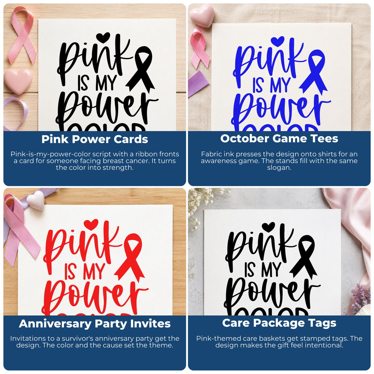 Four ways to use the Pink Is My Power Color Pre-Inked Stamp – Slim: pink power cards, october game tees, anniversary party invites and care package tags.