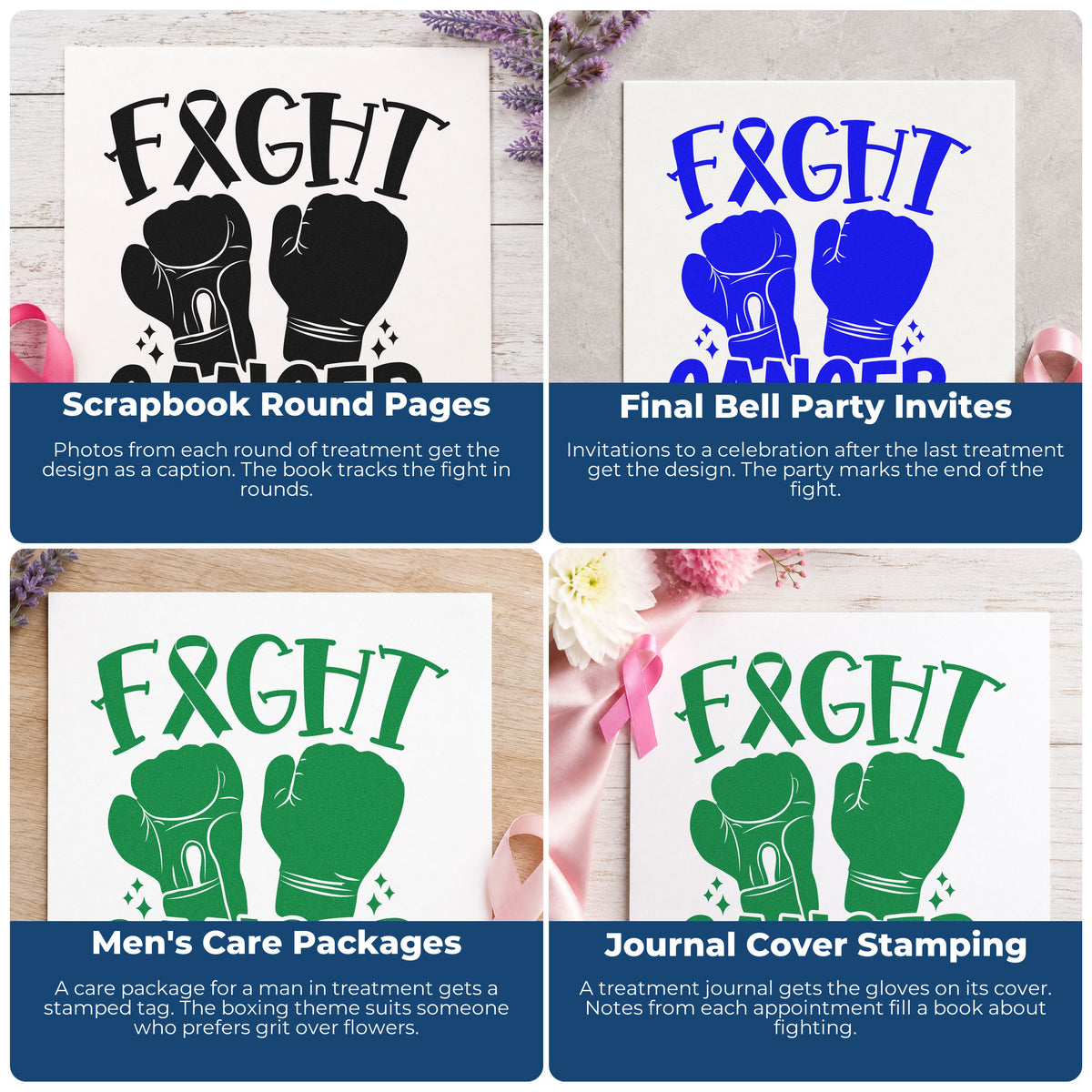 Four ways to use the Fight Cancer Boxing Gloves Awareness Ribbon Stamp – Wood Handle: scrapbook round pages, final bell party invites, men's care packages and journal cover stamping.
