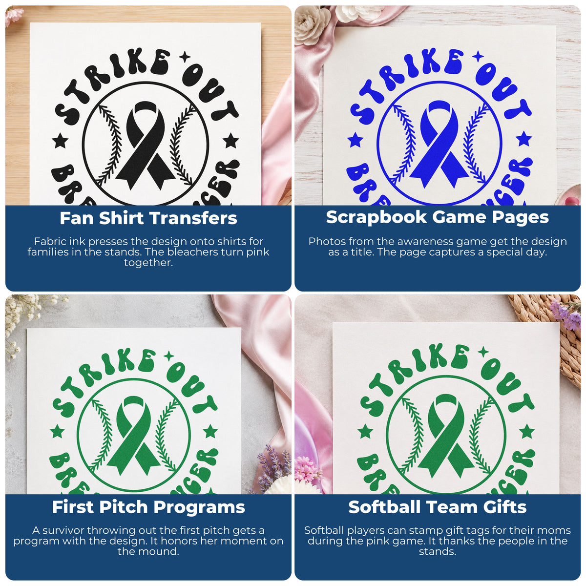 Four ways to use the Strike Out Breast Cancer Baseball Artwork Wood Handle Stamp: fan shirt transfers, scrapbook game pages, first pitch programs and softball team gifts.