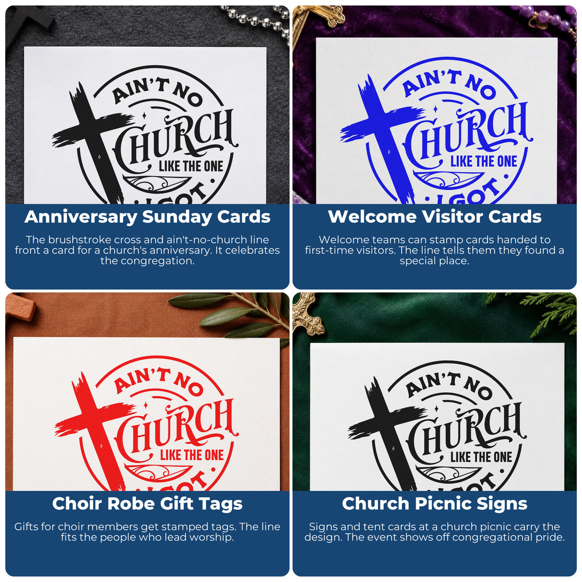 Four ways to use the Ain't No Church Like Mine Brushstroke Cross Compact Pre-Inked Stamp – Slim: anniversary sunday cards, welcome visitor cards, choir robe gift tags and church picnic signs.
