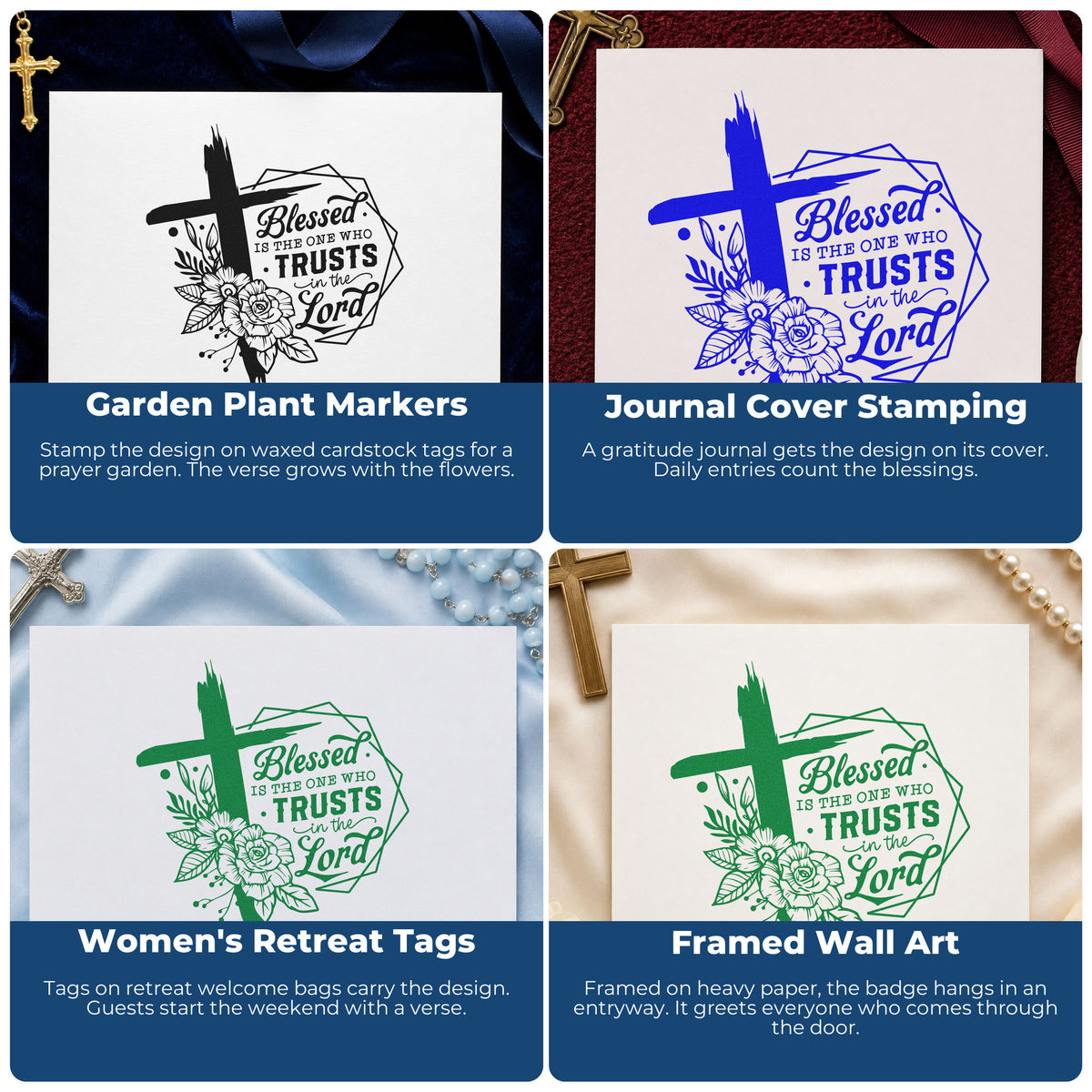 Four ways to use the Wood Handle Blessed Is The One Who Trusts In The Lord Rubber Stamp: garden plant markers, journal cover stamping, women's retreat tags and framed wall art.
