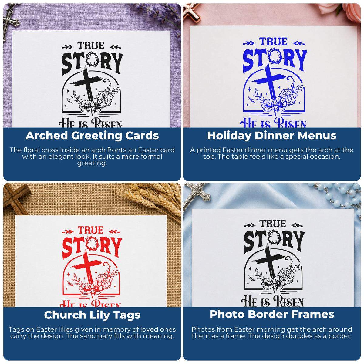 Four ways to use the True Story Risen Arch Craft Stamp – Self-Inking: arched greeting cards, holiday dinner menus, church lily tags and photo border frames.
