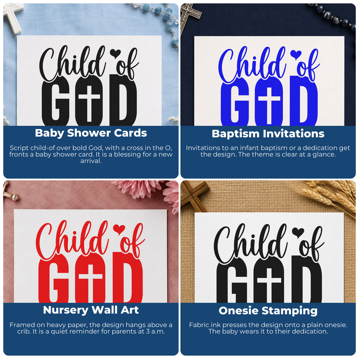 Four ways to use the Child Of God With Cross Slim Pre-Inked Stamp: baby shower cards, baptism invitations, nursery wall art and onesie stamping.