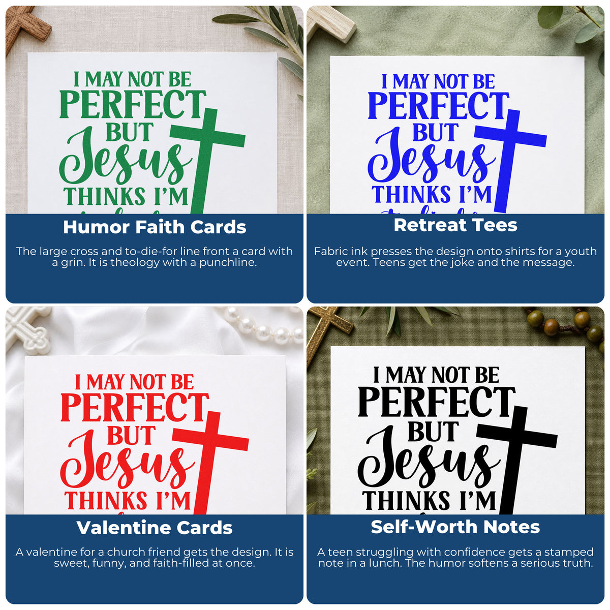 Four ways to use the Jesus Thinks I'm To Die For Stamp – Wood Handle: humor faith cards, retreat tees, valentine cards and self-worth notes.