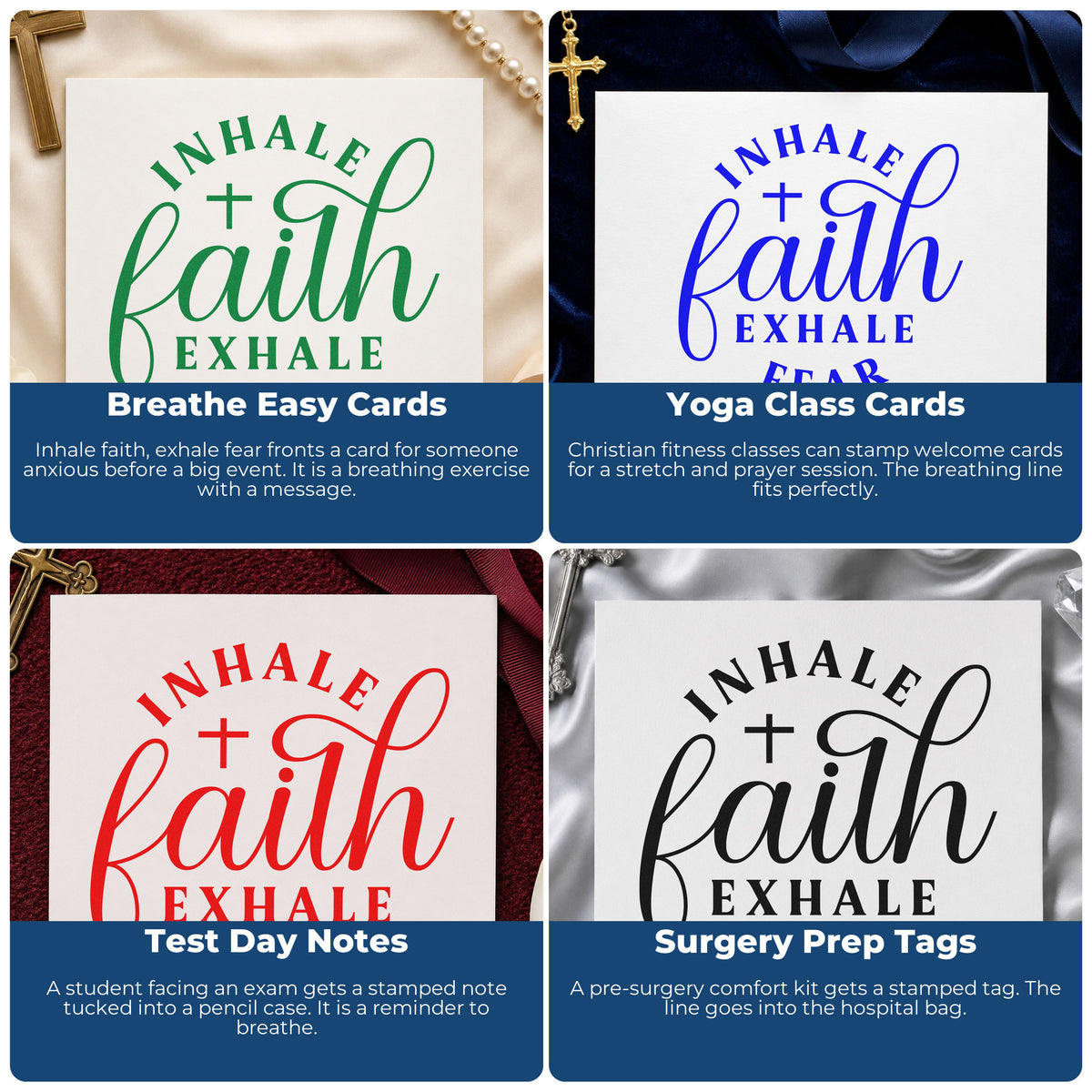 Four ways to use the Inhale Faith Exhale Fear Wood-Mounted Rubber Stamp: breathe easy cards, yoga class cards, test day notes and surgery prep tags.
