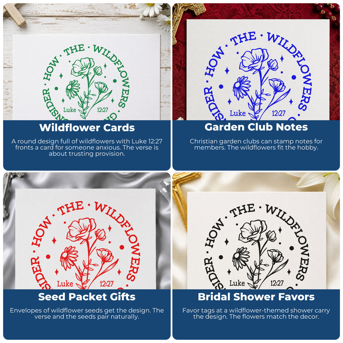 Four ways to use the Consider How The Wildflowers Grow Stamp – Self-Inking: wildflower cards, garden club notes, seed packet gifts and bridal shower favors.