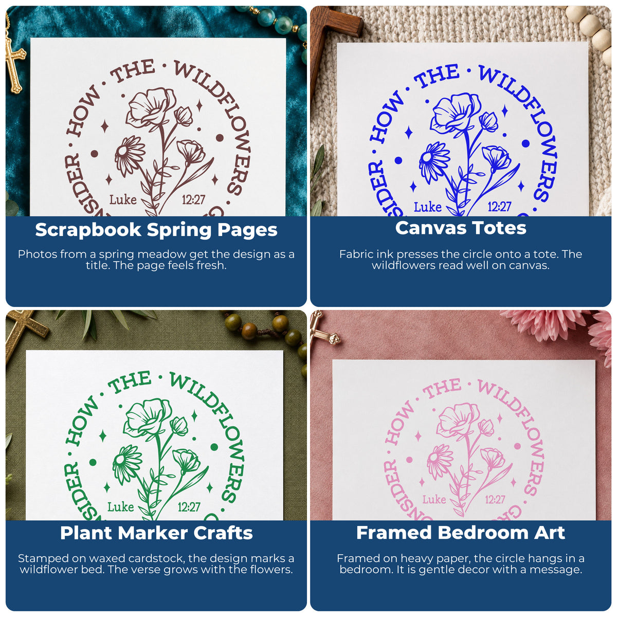 Four ways to use the Consider How The Wildflowers Grow Stamp – Self-Inking: scrapbook spring pages, canvas totes, plant marker crafts and framed bedroom art.