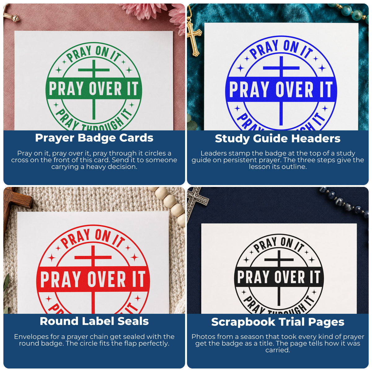 Four ways to use the Pray On It Badge Slim Pre-Inked Stamp: prayer badge cards, study guide headers, round label seals and scrapbook trial pages.