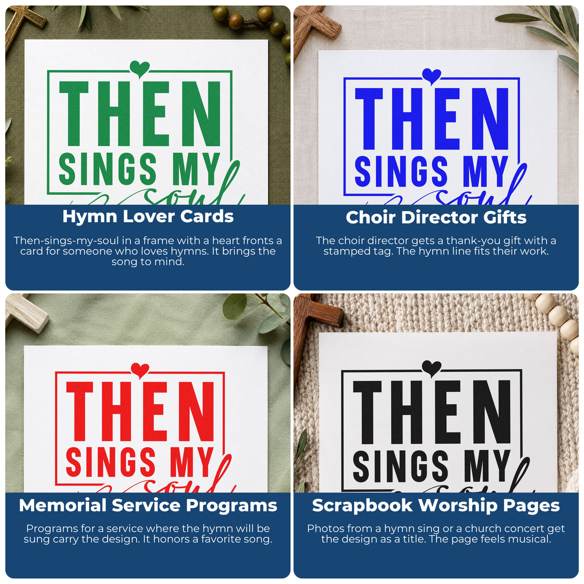 Four ways to use the Then Sings My Soul Rubber Stamp – Wood Handle: hymn lover cards, choir director gifts, memorial service programs and scrapbook worship pages.