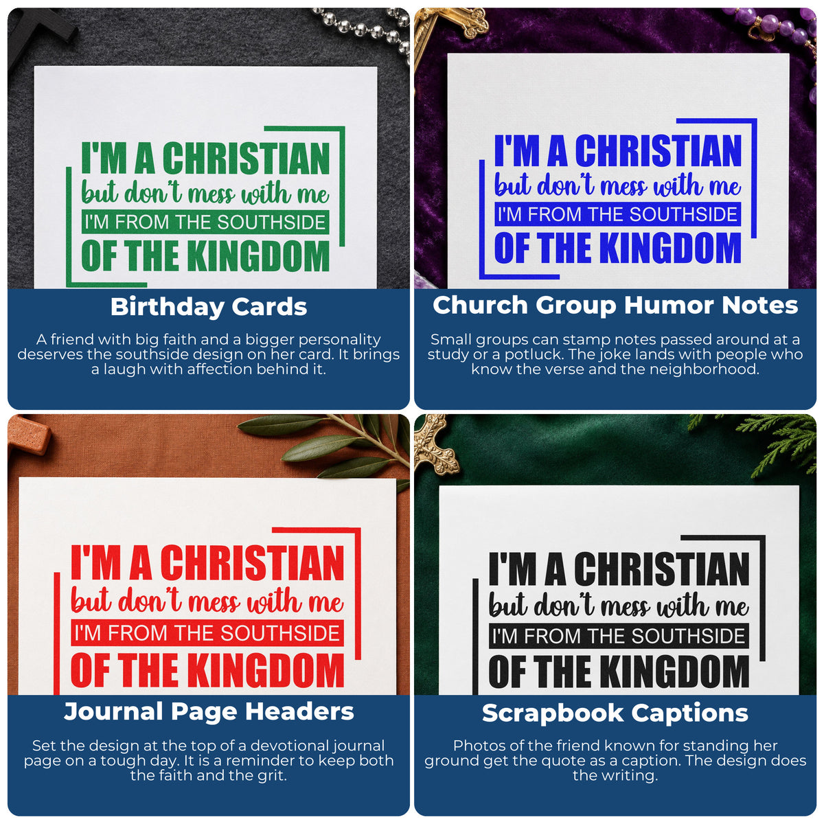 Four ways to use the Christian From The Southside Rubber Stamp – Duo Hand: birthday cards, church group humor notes, journal page headers and scrapbook captions.