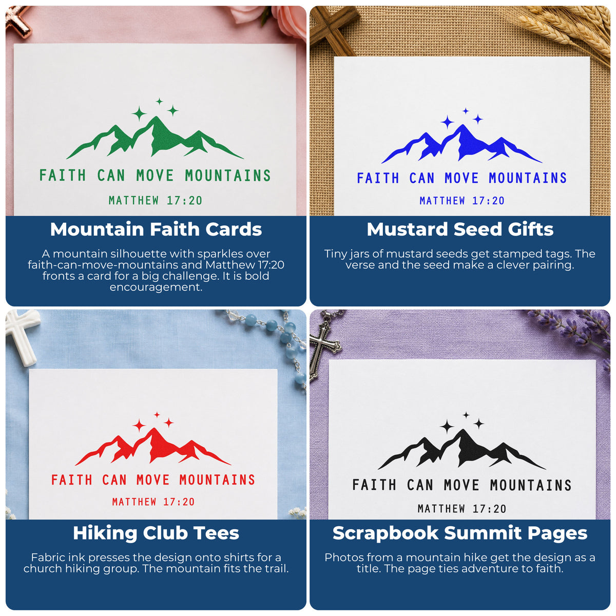 Four ways to use the Faith Can Move Mountains With Sparkles Stamp - Premium Vintage Pro Wooden: mountain faith cards, mustard seed gifts, hiking club tees and scrapbook summit pages.
