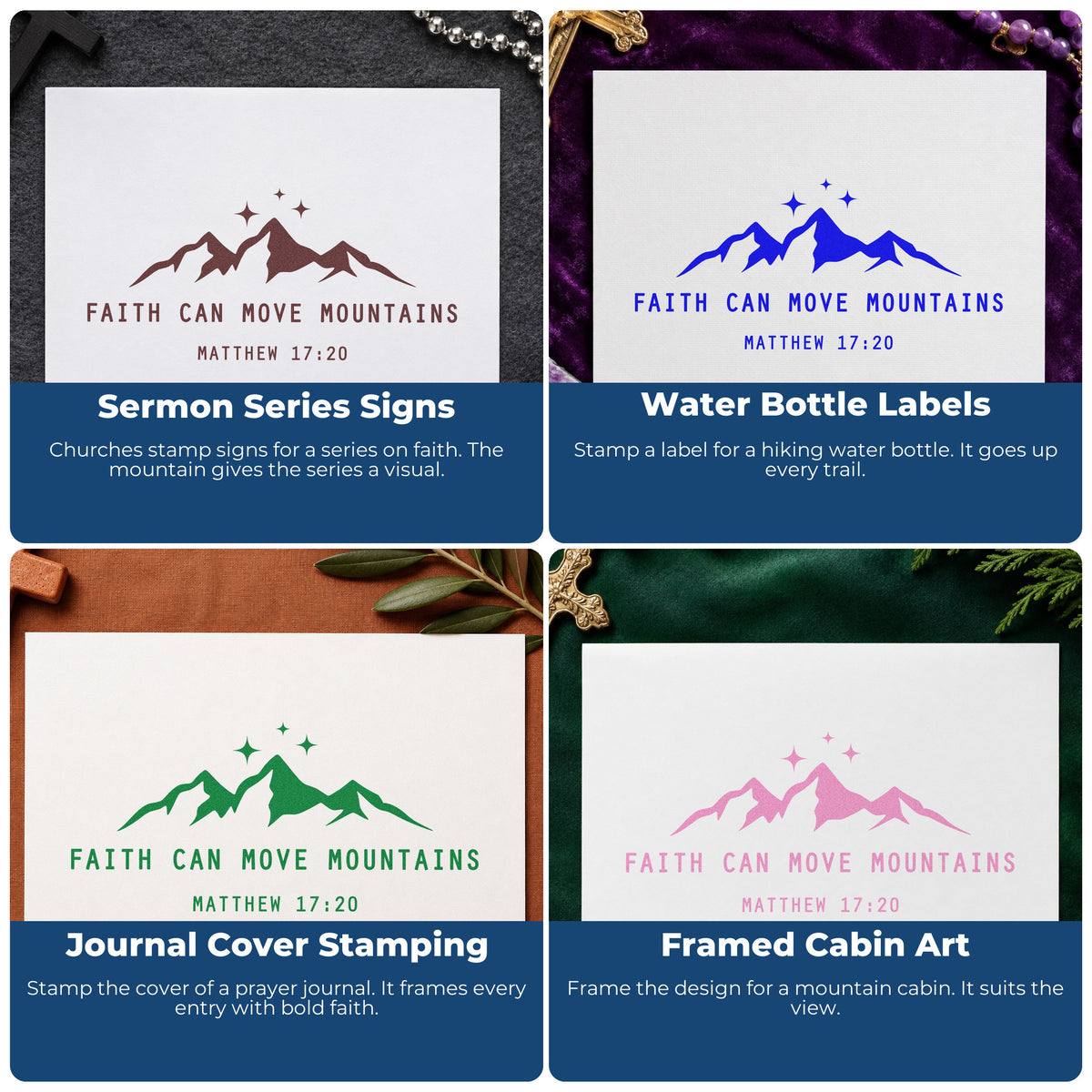 Four ways to use the Faith Can Move Mountains With Sparkles Rubber Stamp – Duo Hand: sermon series signs, water bottle labels, journal cover stamping and framed cabin art.