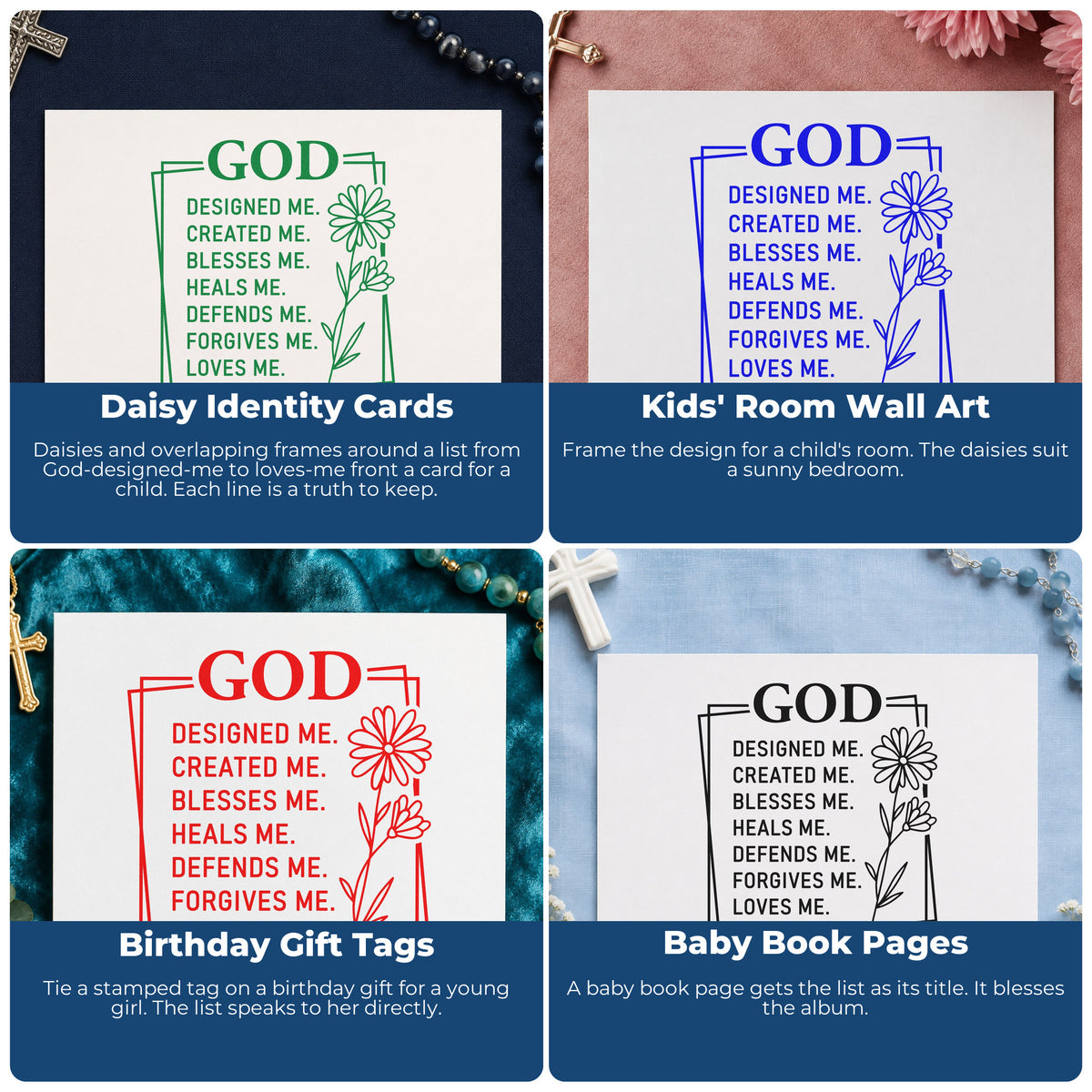 Four ways to use the God Designed Me Stamp – Self-Inking: daisy identity cards, kids' room wall art, birthday gift tags and baby book pages.