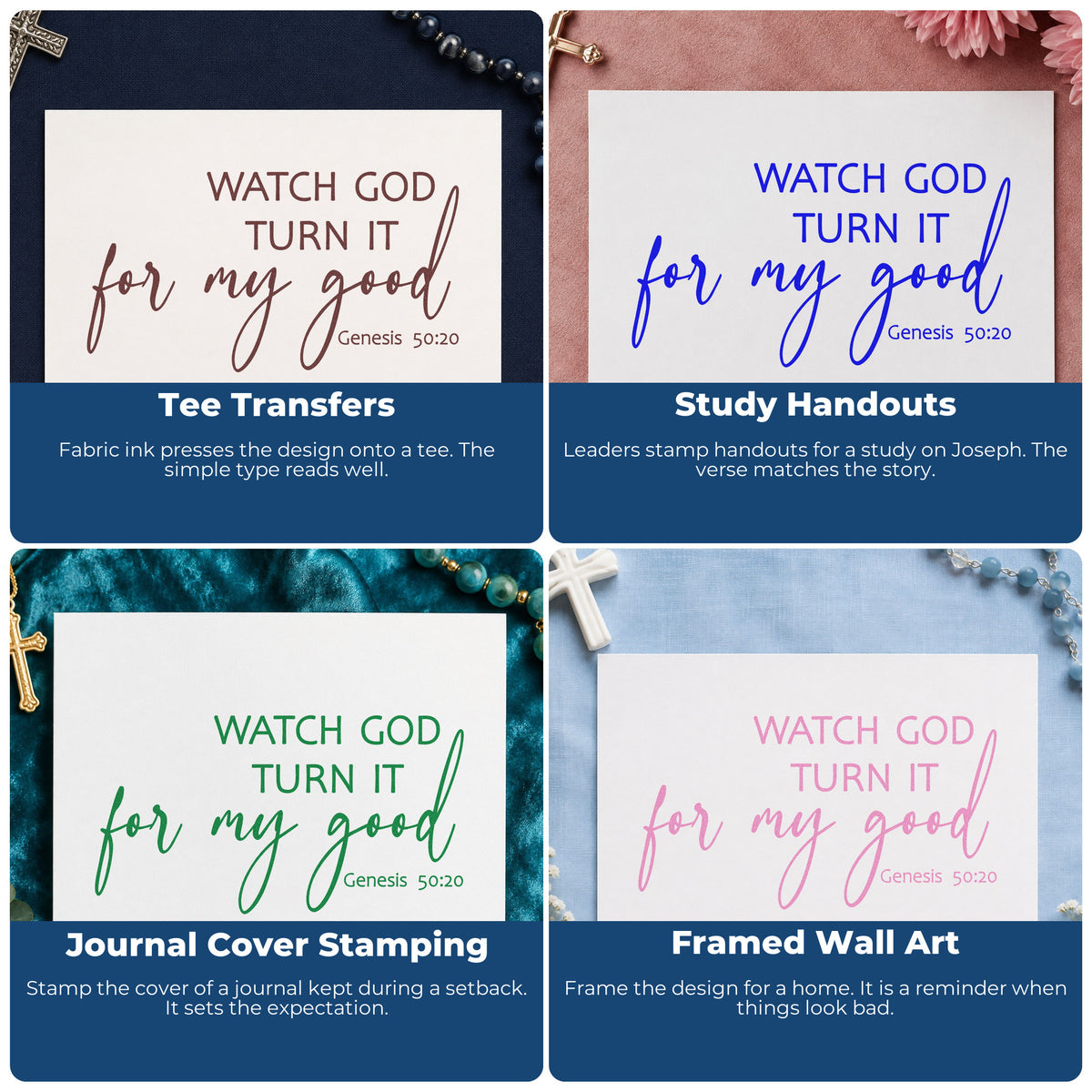 Four ways to use the Watch God Turn It For My Good PSI Pre-Inked Stamp: tee transfers, study handouts, journal cover stamping and framed wall art.
