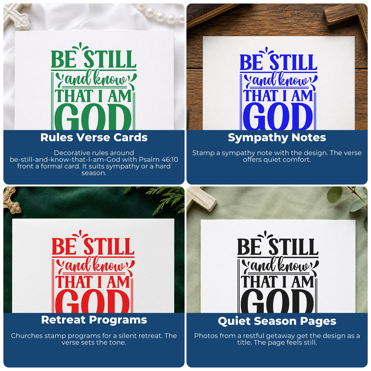 Four ways to use the Be Still And Know God Slim Pre-Inked Stamp: rules verse cards, sympathy notes, retreat programs and quiet season pages.