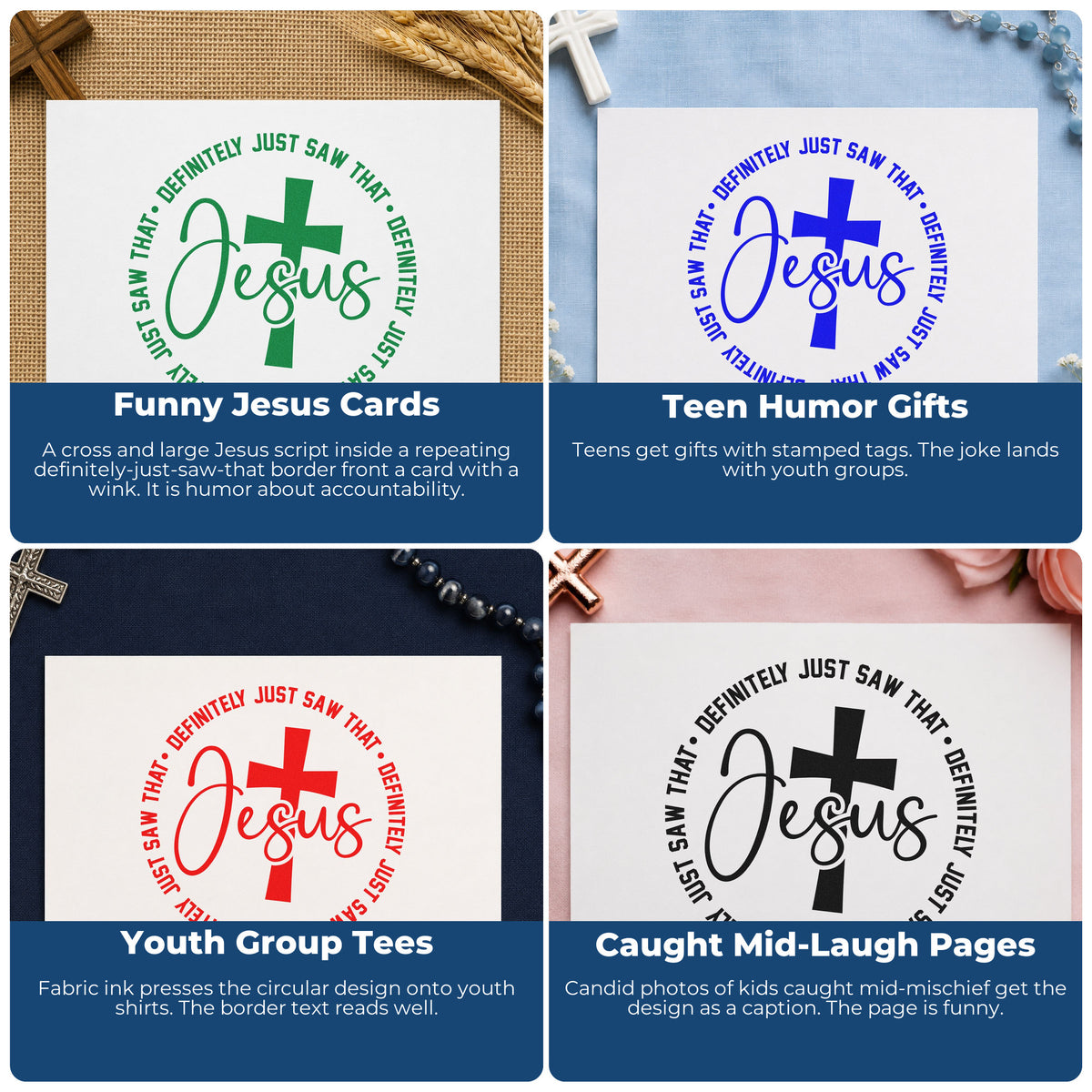 Four ways to use the Jesus Definitely Saw That Stamp – Slim Pre-Inked: funny jesus cards, teen humor gifts, youth group tees and caught mid-laugh pages.