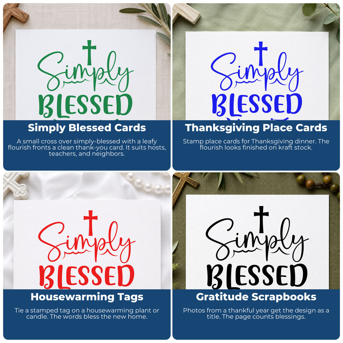 Four ways to use the Simply Blessed Leaves Premium Wooden Stamp - Vintage Pro: simply blessed cards, thanksgiving place cards, housewarming tags and gratitude scrapbooks.