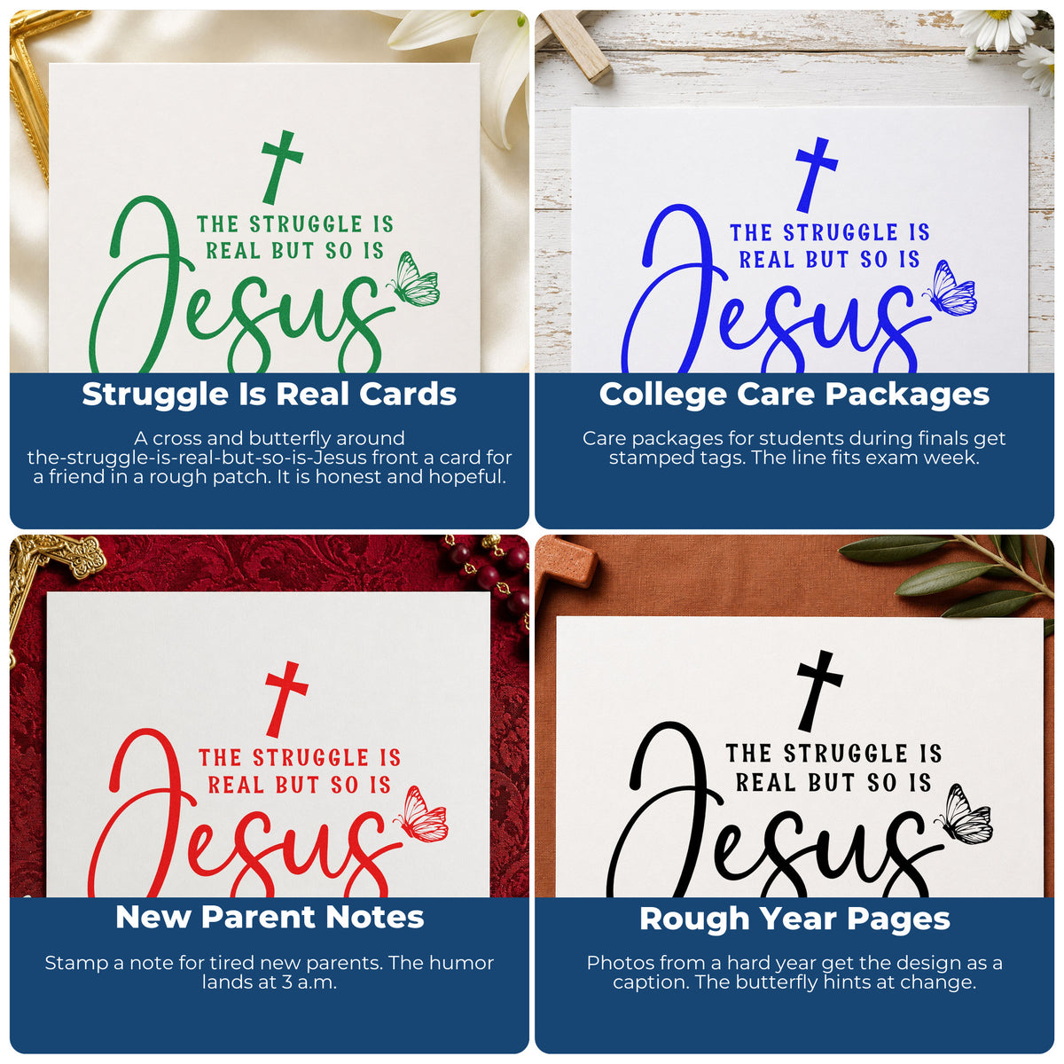 Four ways to use the The Struggle Is Real Premium Wood-Mounted Stamp - Vintage Pro: struggle is real cards, college care packages, new parent notes and rough year pages.