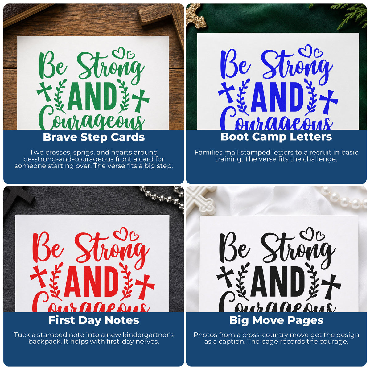 Four ways to use the Be Strong And Courageous With Cross Pre-Inked Stamp – PSI: brave step cards, boot camp letters, first day notes and big move pages.