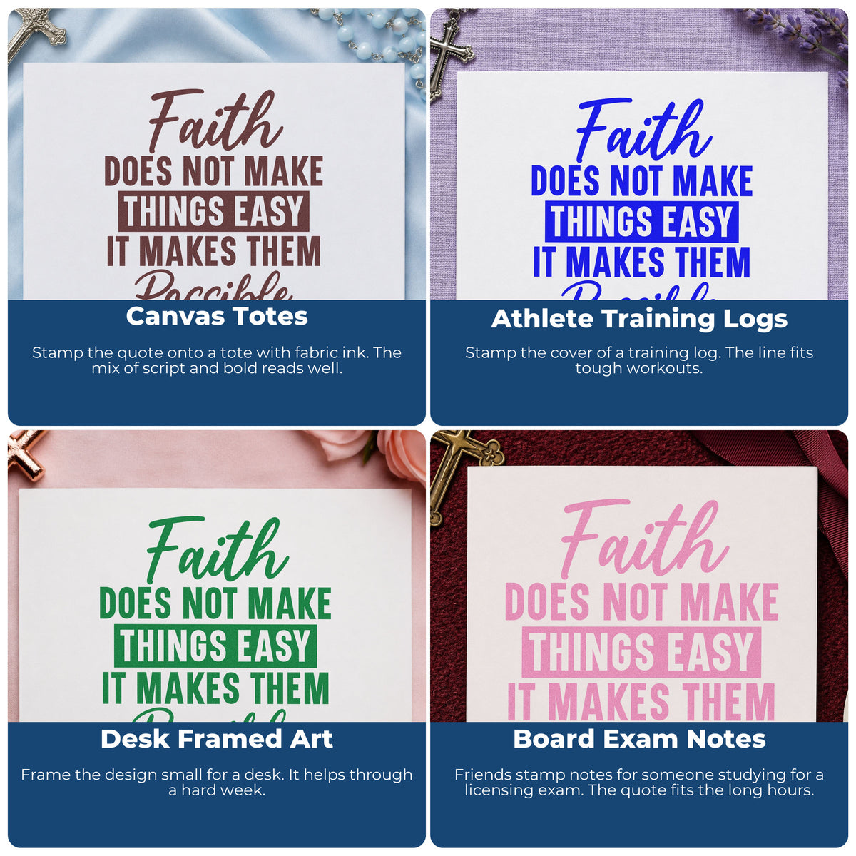 Four ways to use the Faith Makes Things Possible Wood Handle Stamp: canvas totes, athlete training logs, desk framed art and board exam notes.