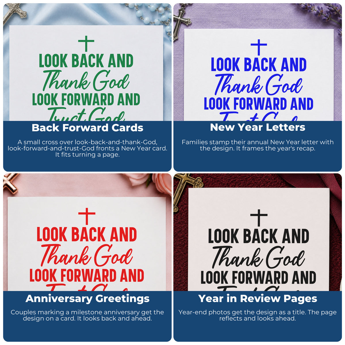 Four ways to use the Thank God And Trust God Rubber Stamp – Duo Hand: back forward cards, new year letters, anniversary greetings and year in review pages.