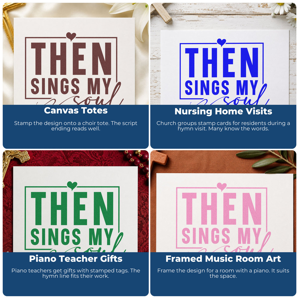 Four ways to use the Then Sings My Soul With Hearts Stamp - Premium Vintage Pro Wooden: canvas totes, nursing home visits, piano teacher gifts and framed music room art.