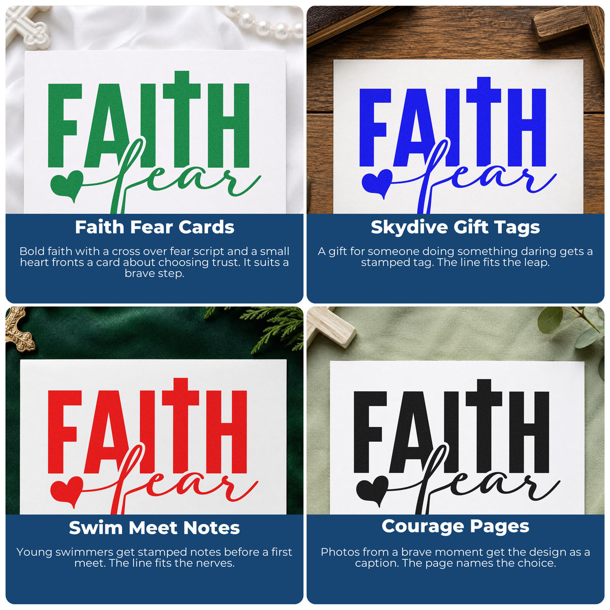 Four ways to use the Faith Over Fear Block With Cross Stamp - Premium Vintage Pro Wooden: faith fear cards, skydive gift tags, swim meet notes and courage pages.